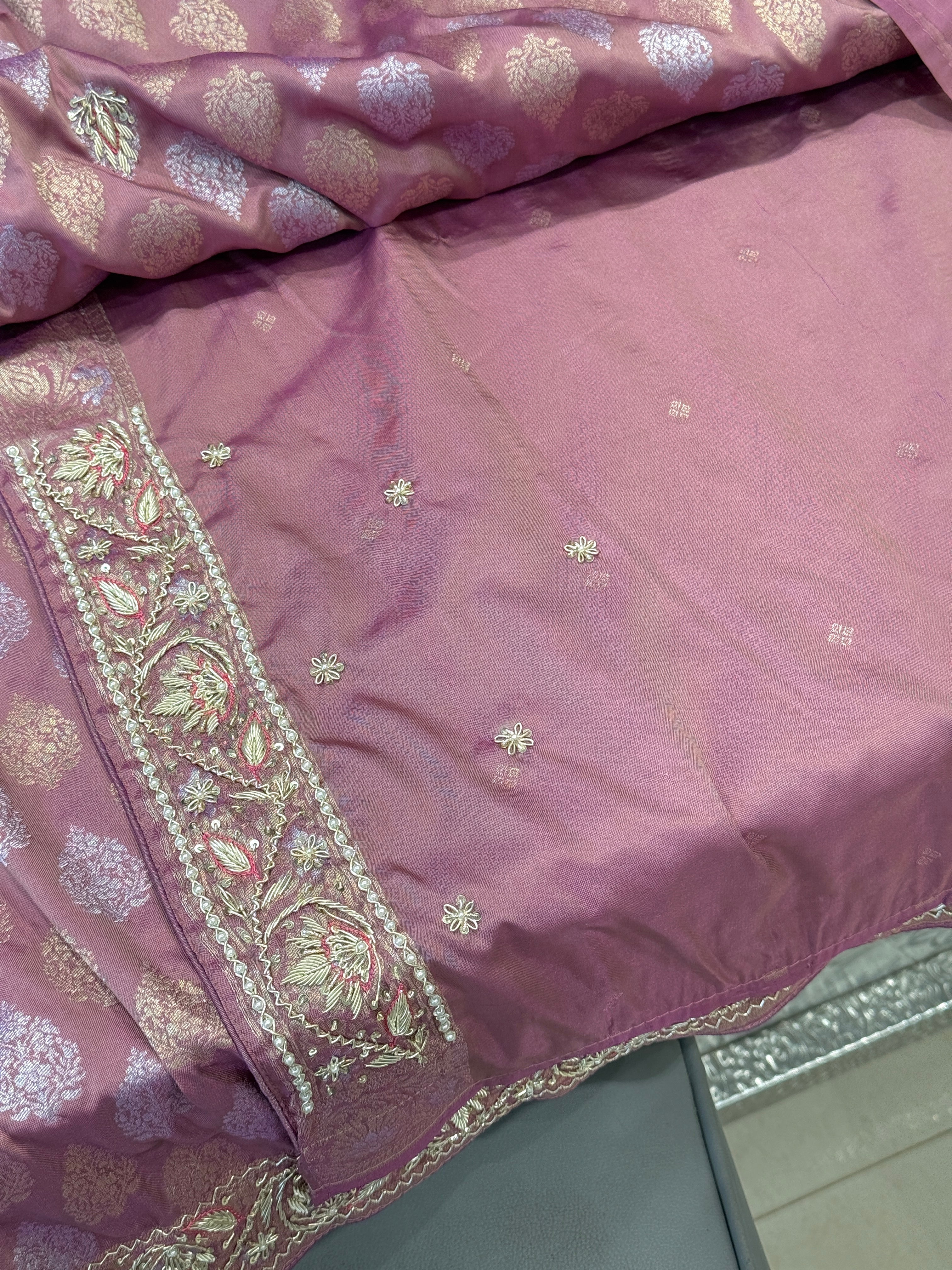 Opera Mauve Banarasi Silk Zardozi Hand Embroidery Saree