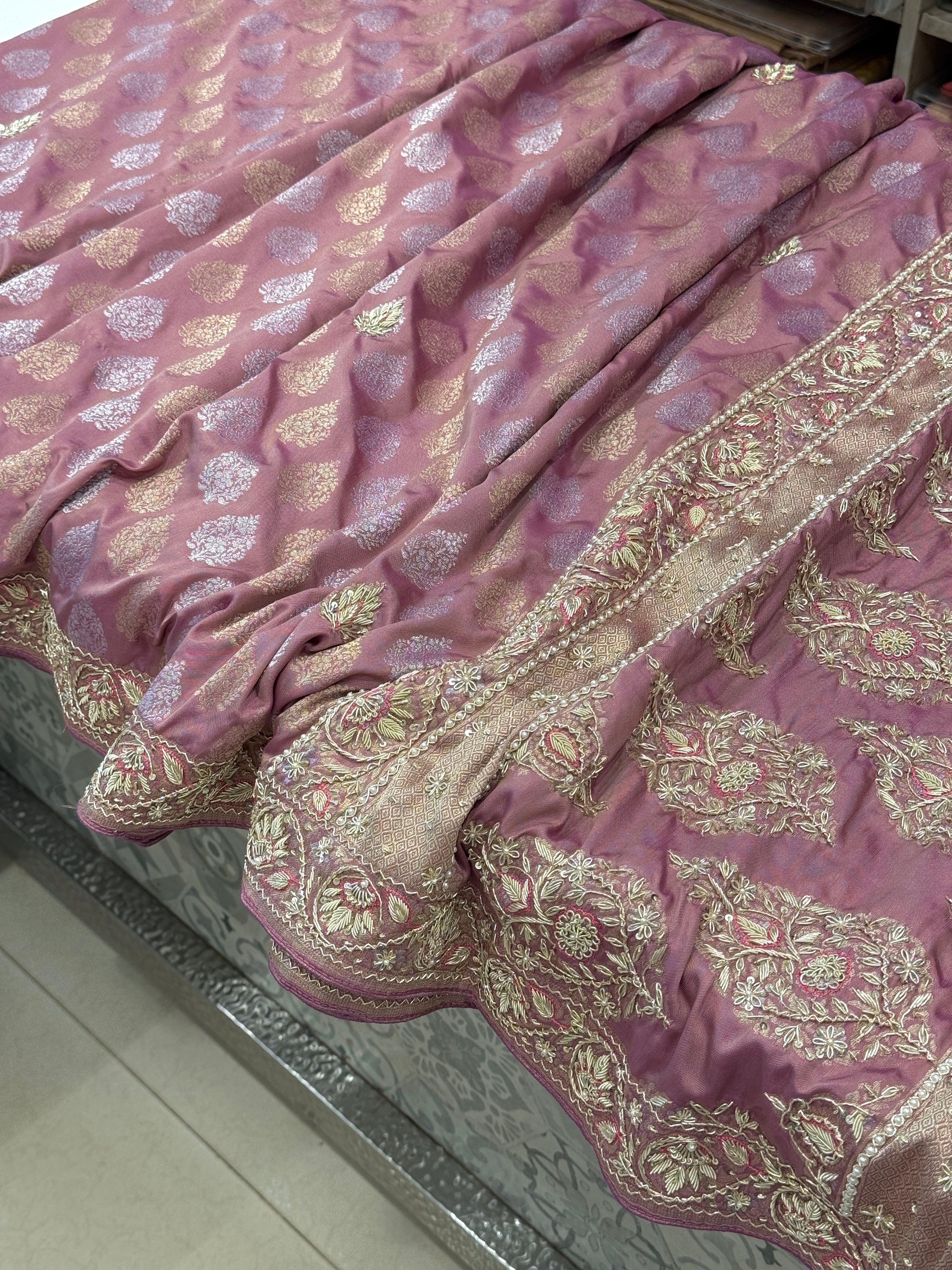 Opera Mauve Banarasi Silk Zardozi Hand Embroidery Saree