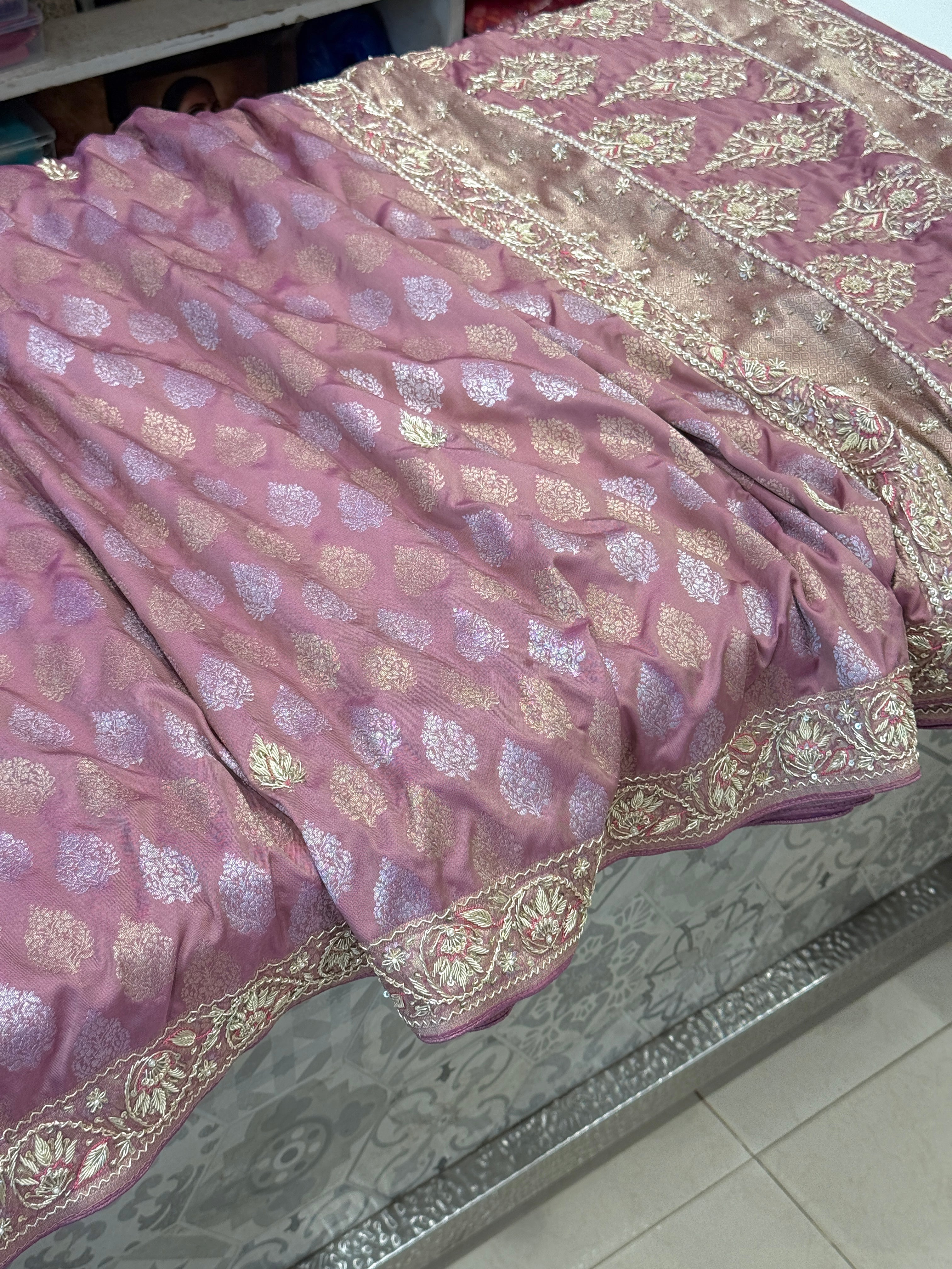 Opera Mauve Banarasi Silk Zardozi Hand Embroidery Saree