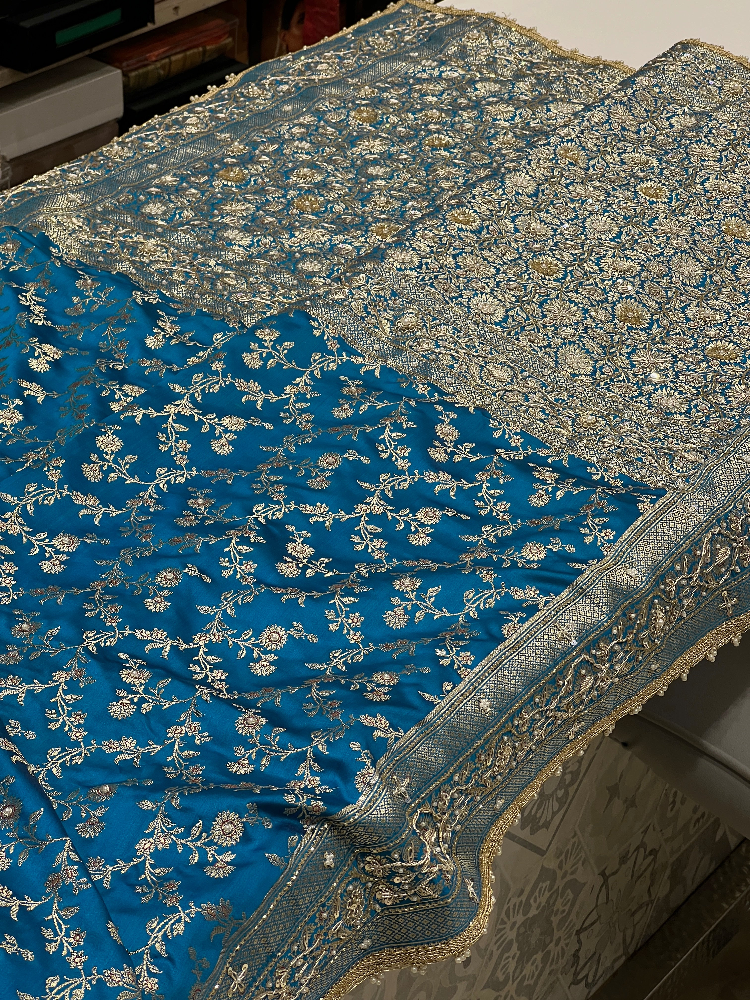 Blue Banarasi Silk Flower Border Zardozi Embroidery Saree