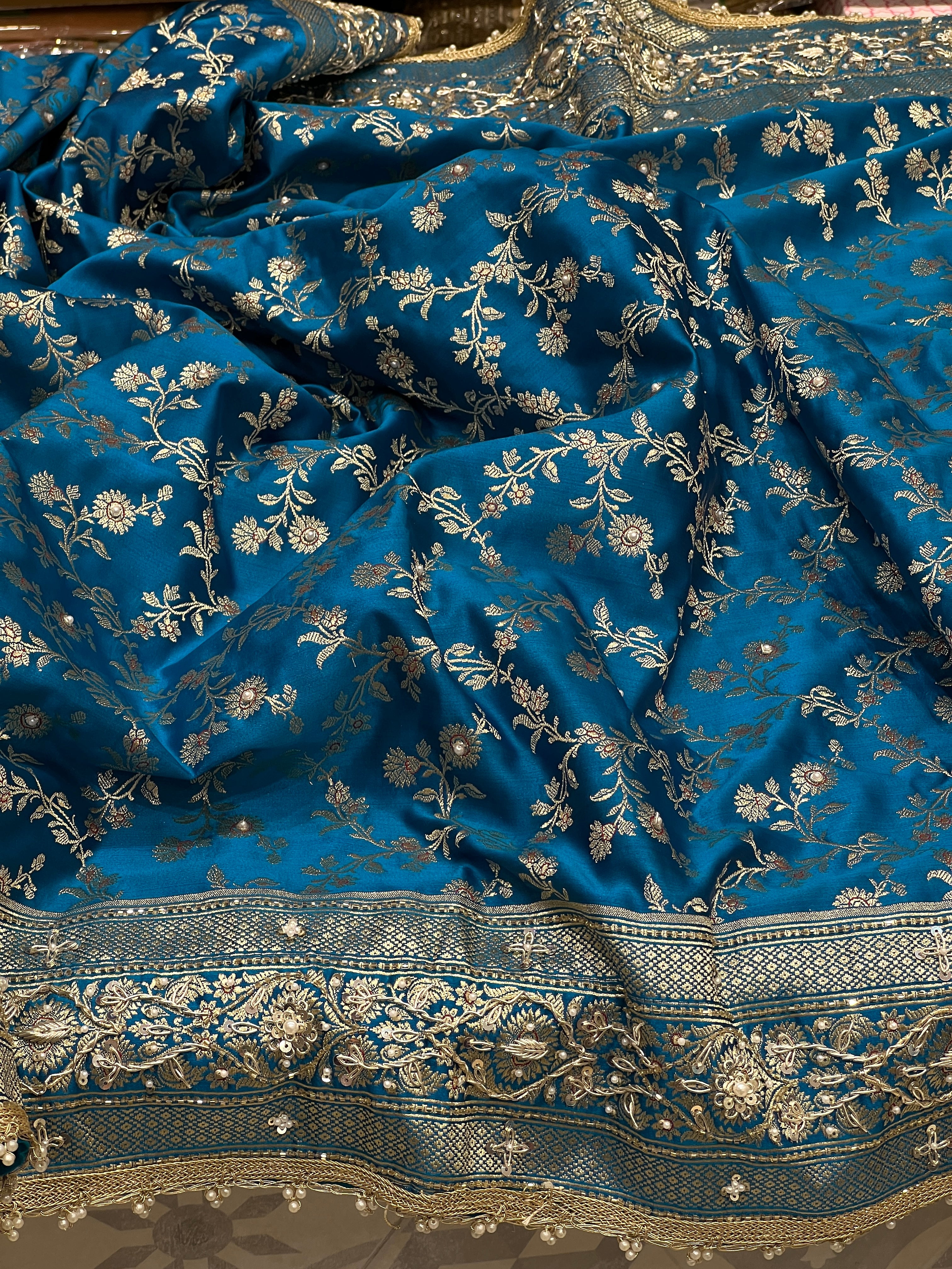 Blue Banarasi Silk Flower Border Zardozi Embroidery Saree