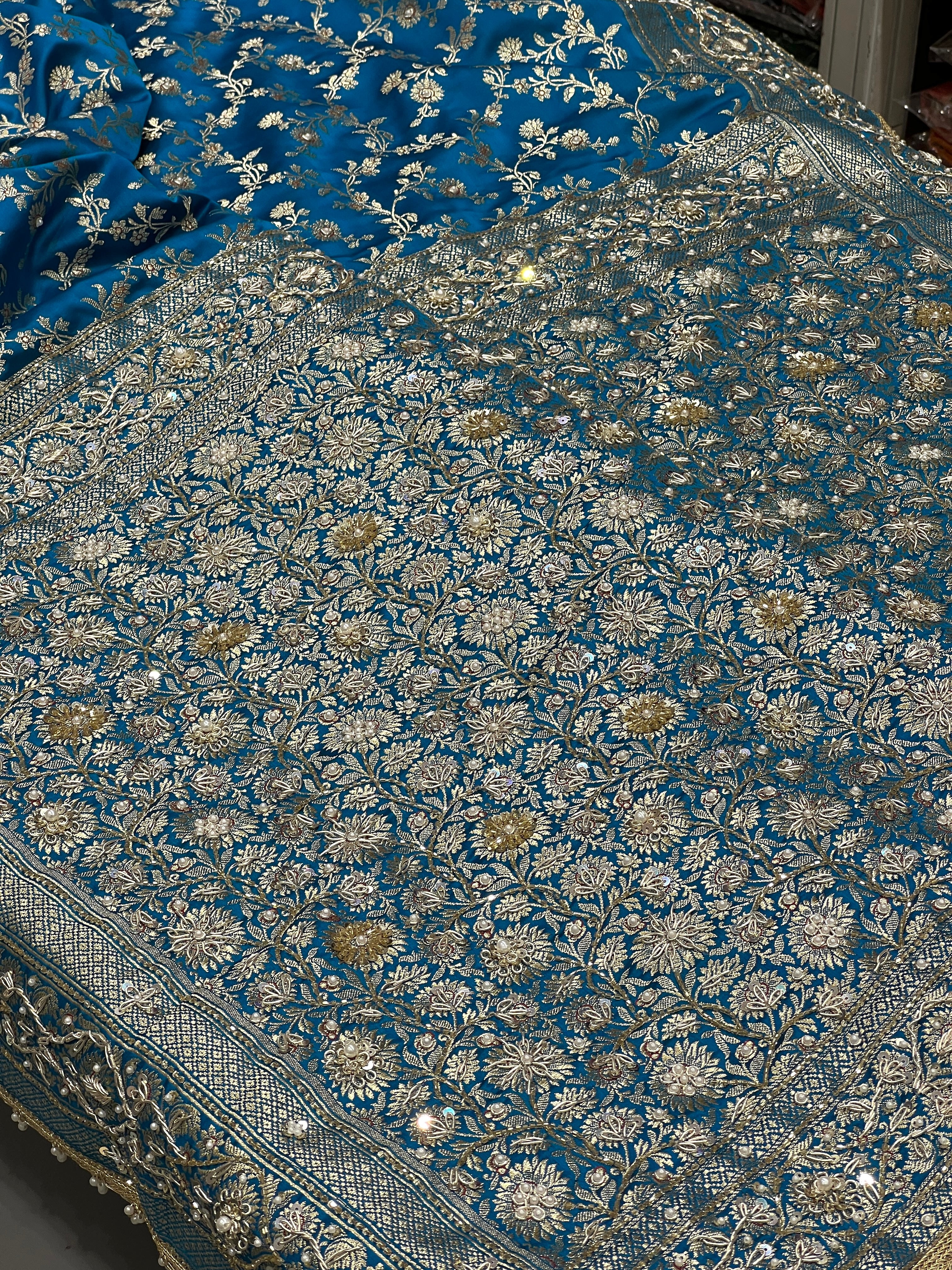 Blue Banarasi Silk Flower Border Zardozi Embroidery Saree