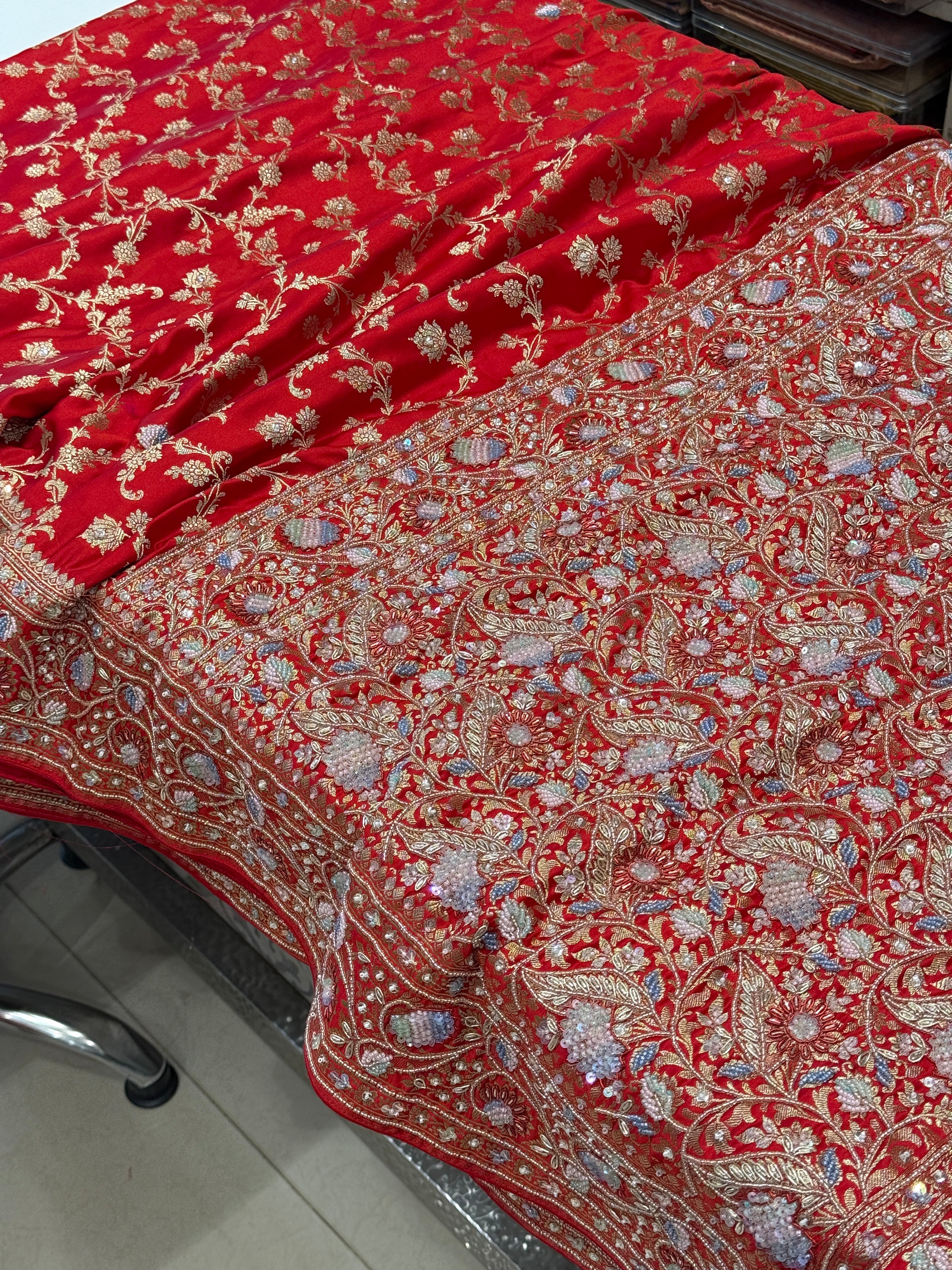 Red Banarasi Upside Down Border Fancy Embroidery Saree