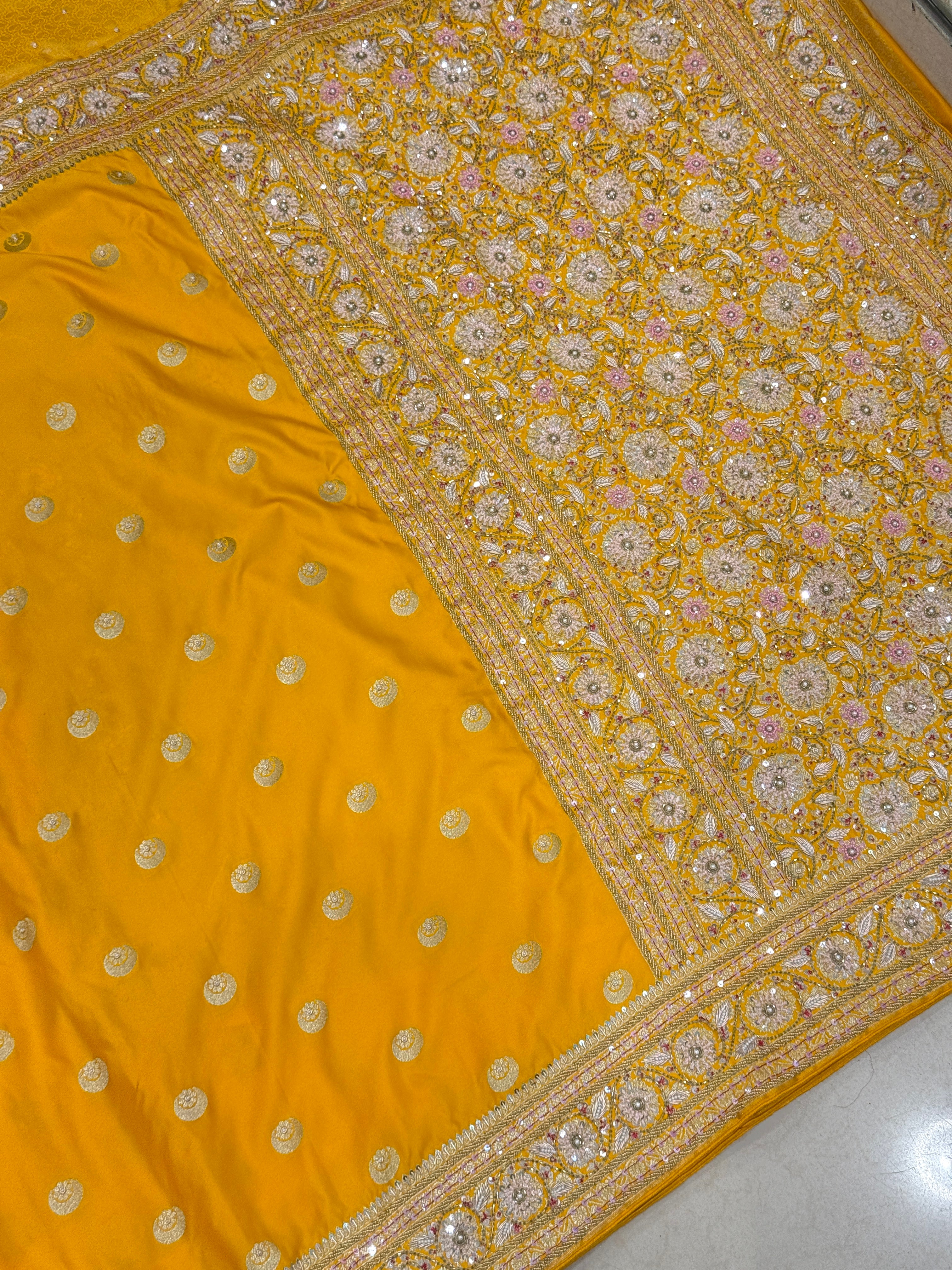 Yellow Banarasi Chand Butti Moti Zardosi Fancy Hand Embroidery Saree
