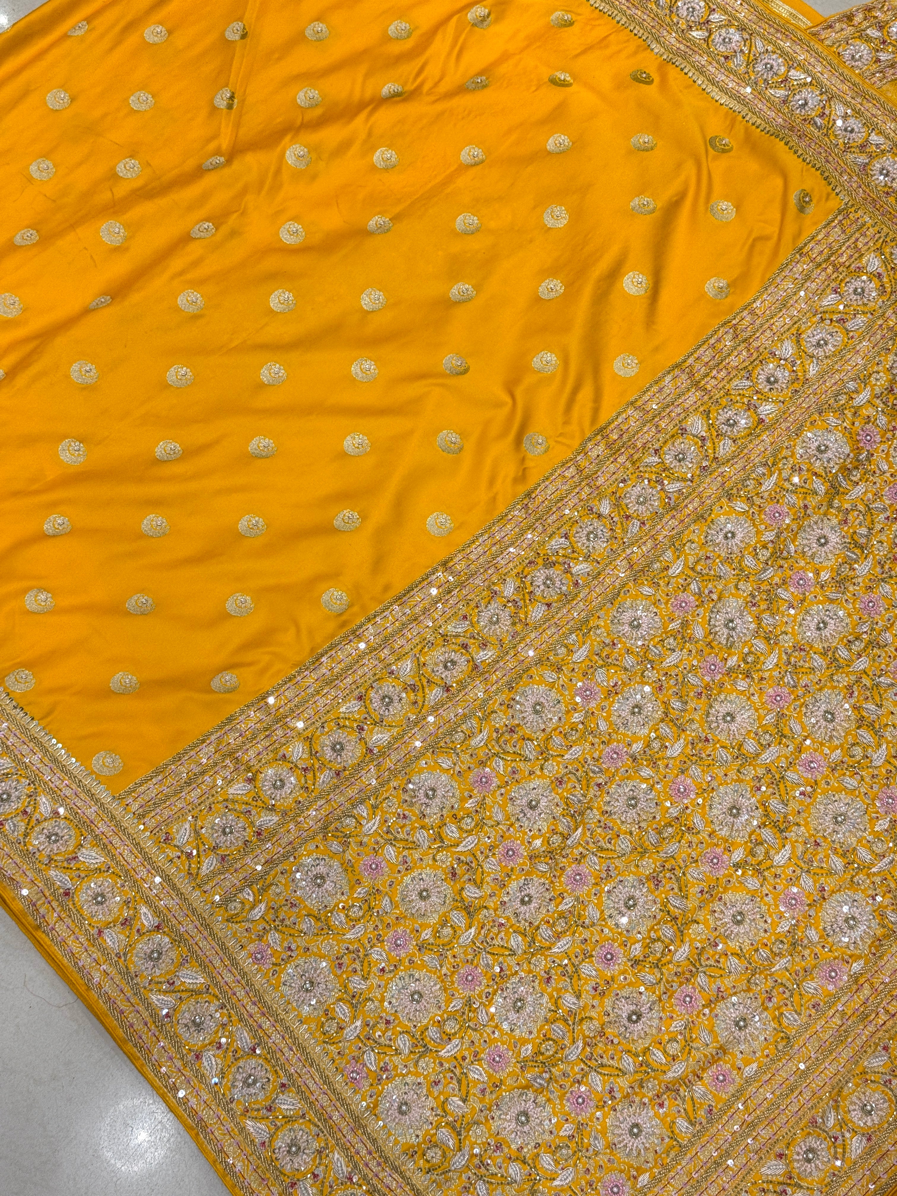 Yellow Banarasi Chand Butti Moti Zardosi Fancy Hand Embroidery Saree