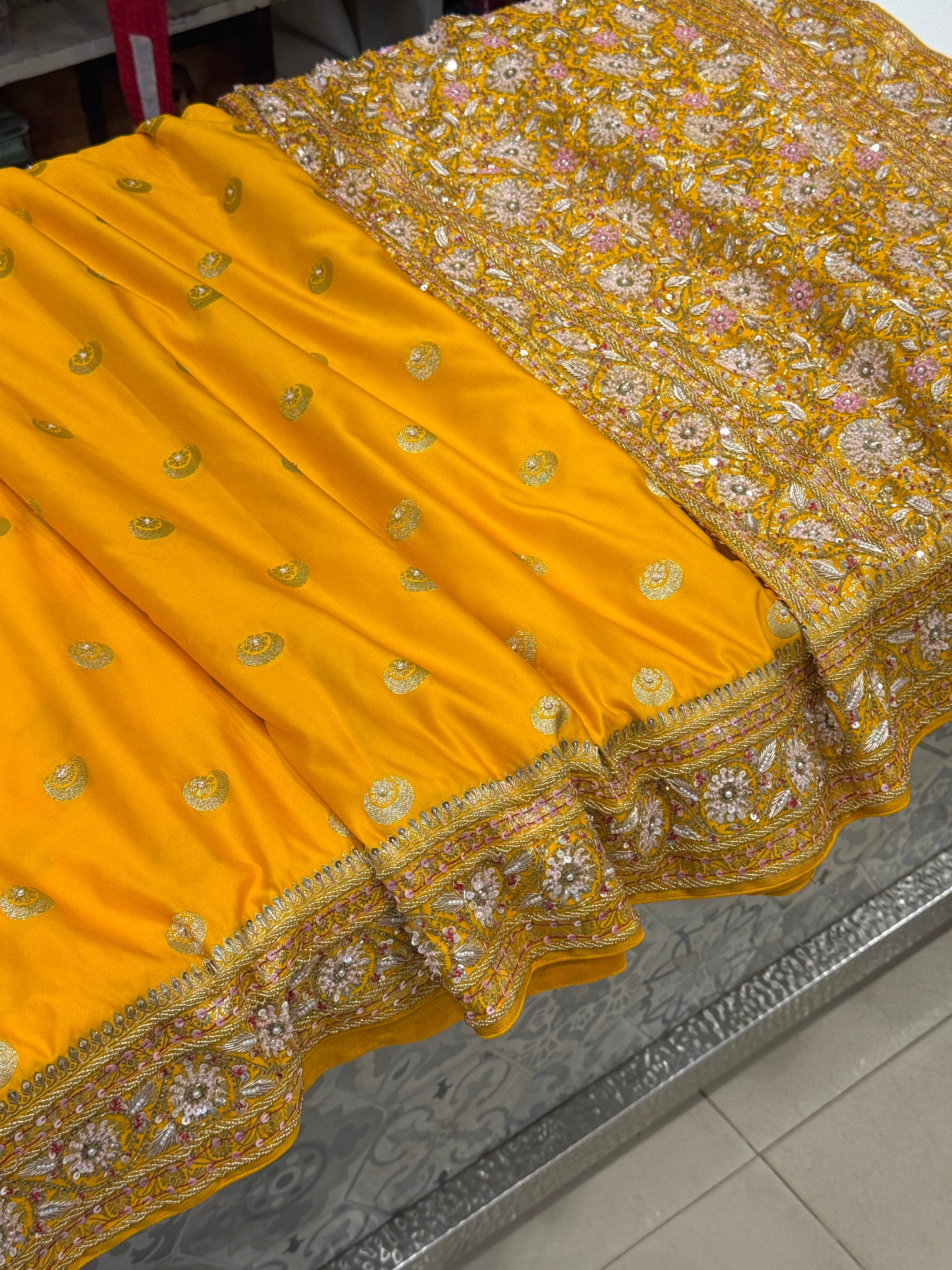 Yellow Banarasi Chand Butti Moti Zardosi Fancy Hand Embroidery Saree
