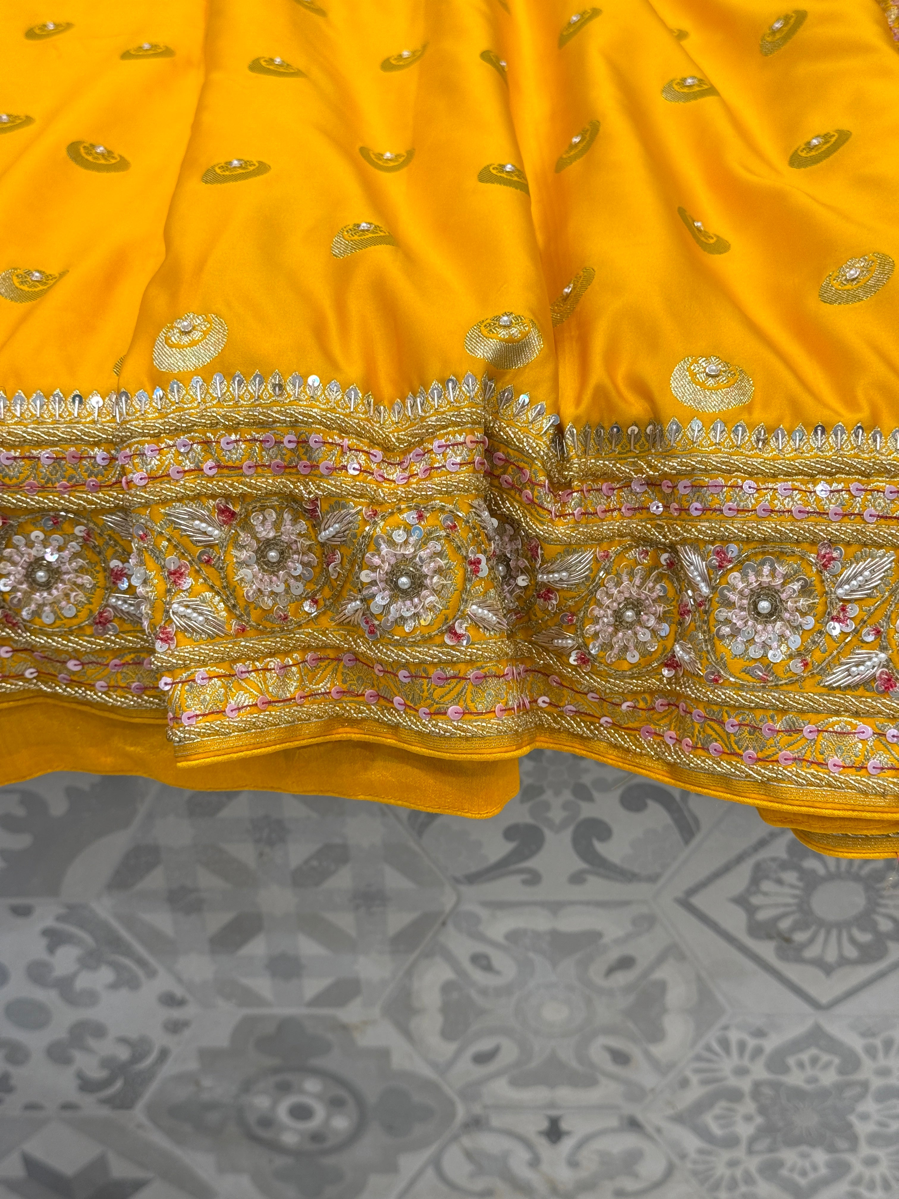Yellow Banarasi Chand Butti Moti Zardosi Fancy Hand Embroidery Saree
