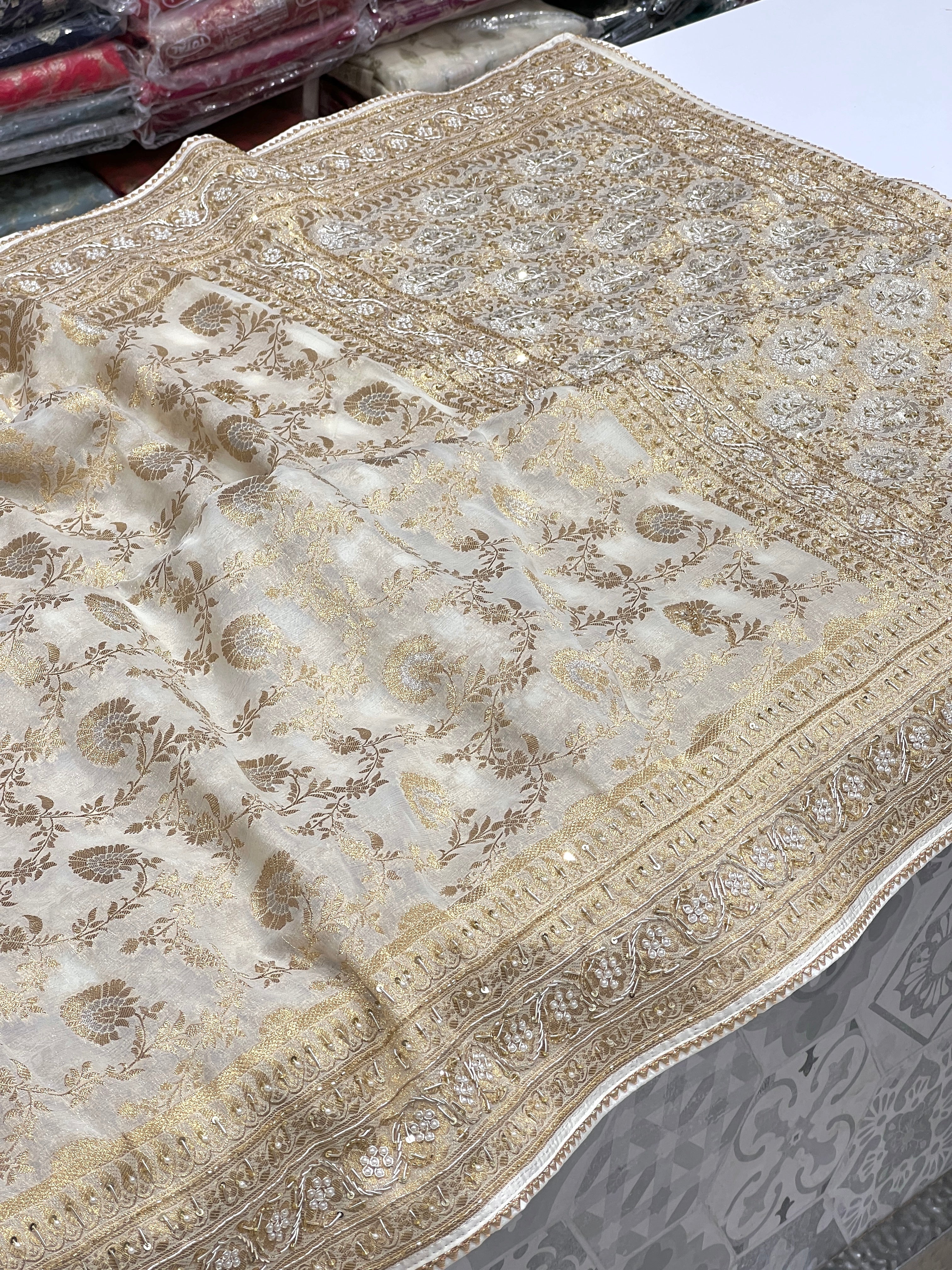 Beige Banarasi Georgette Jaal Zardozi Embroidery Saree