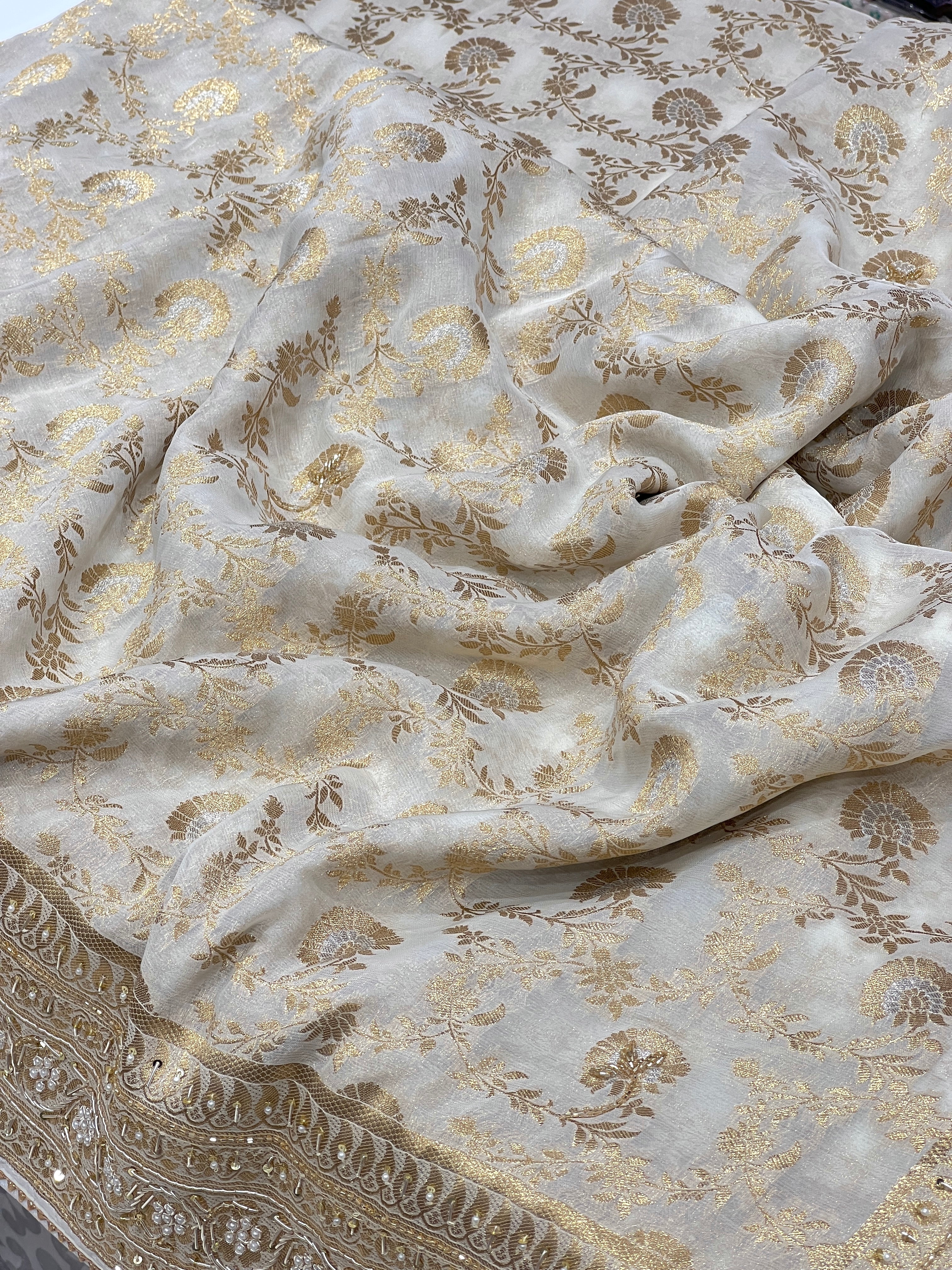 Beige Banarasi Georgette Jaal Zardozi Embroidery Saree