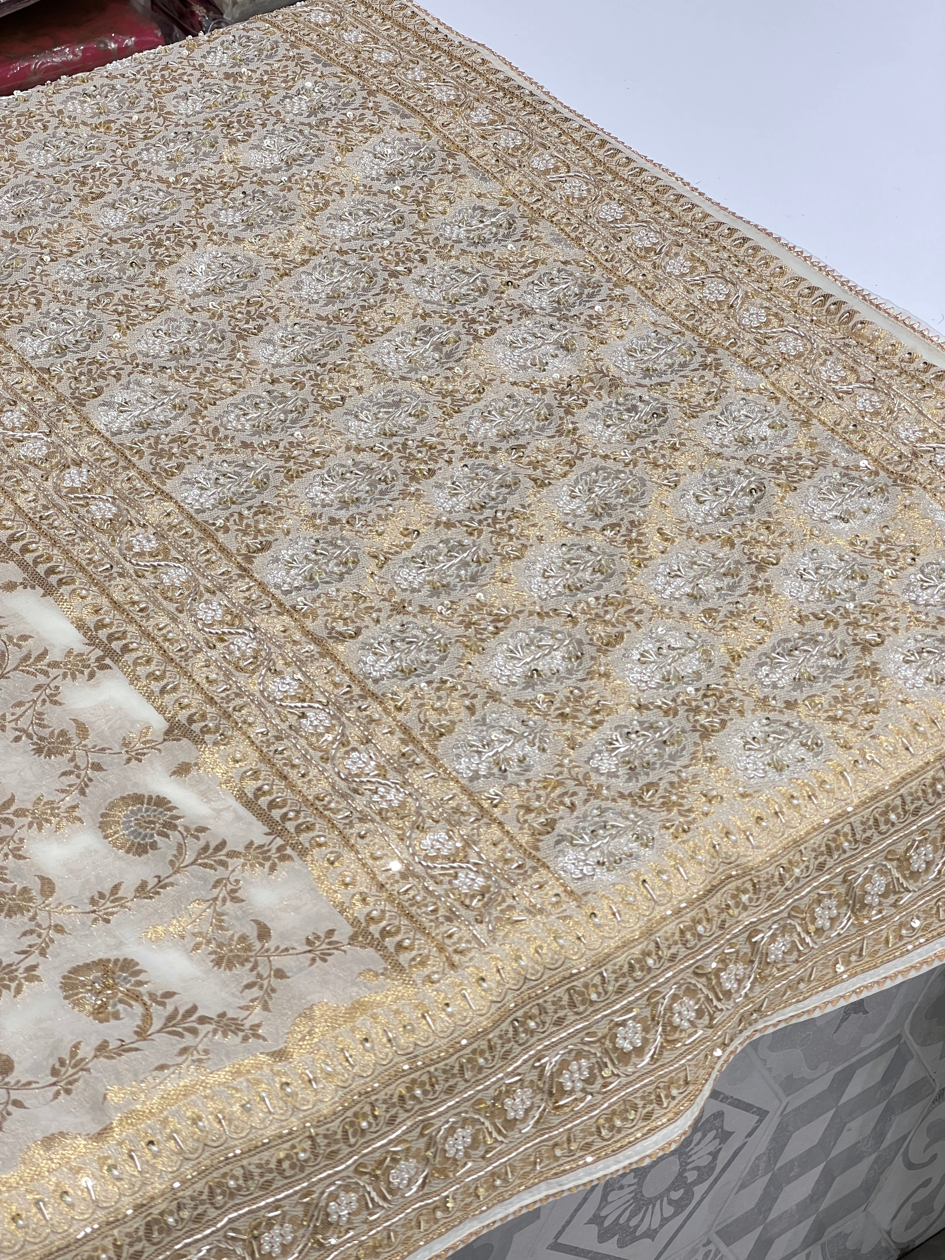 Beige Banarasi Georgette Jaal Zardozi Embroidery Saree