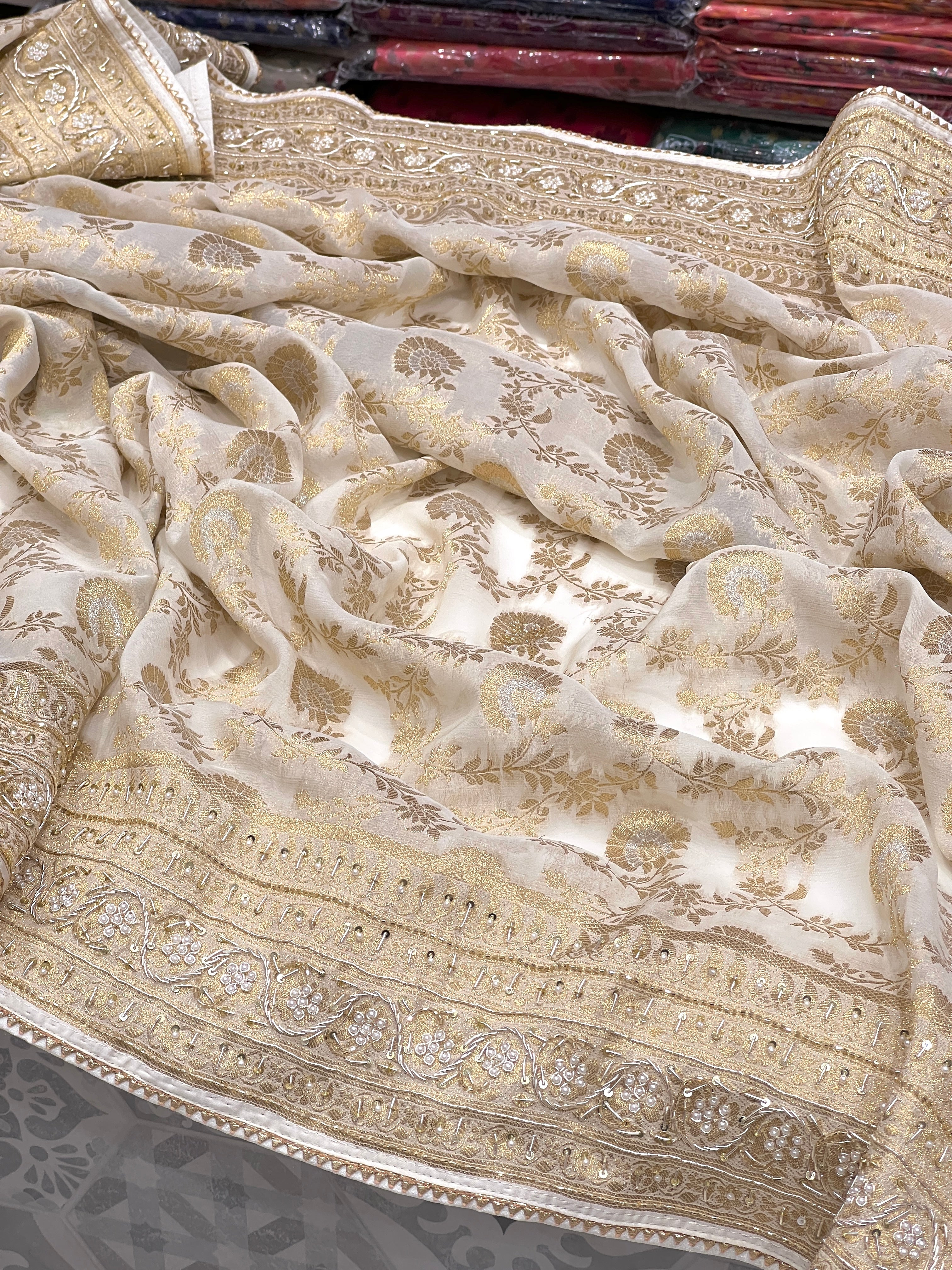 Beige Banarasi Georgette Jaal Zardozi Embroidery Saree
