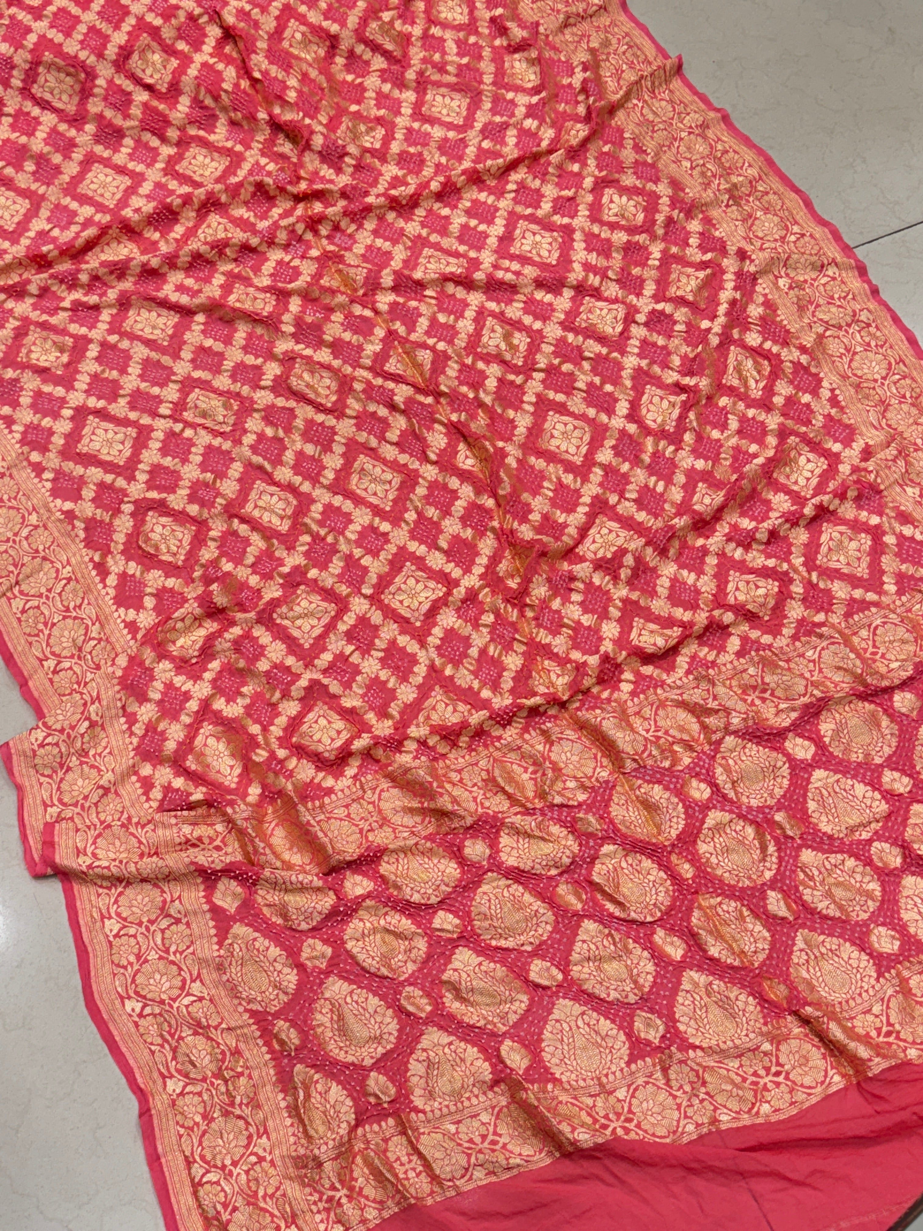 Peach Bandhej Bandhini Saree