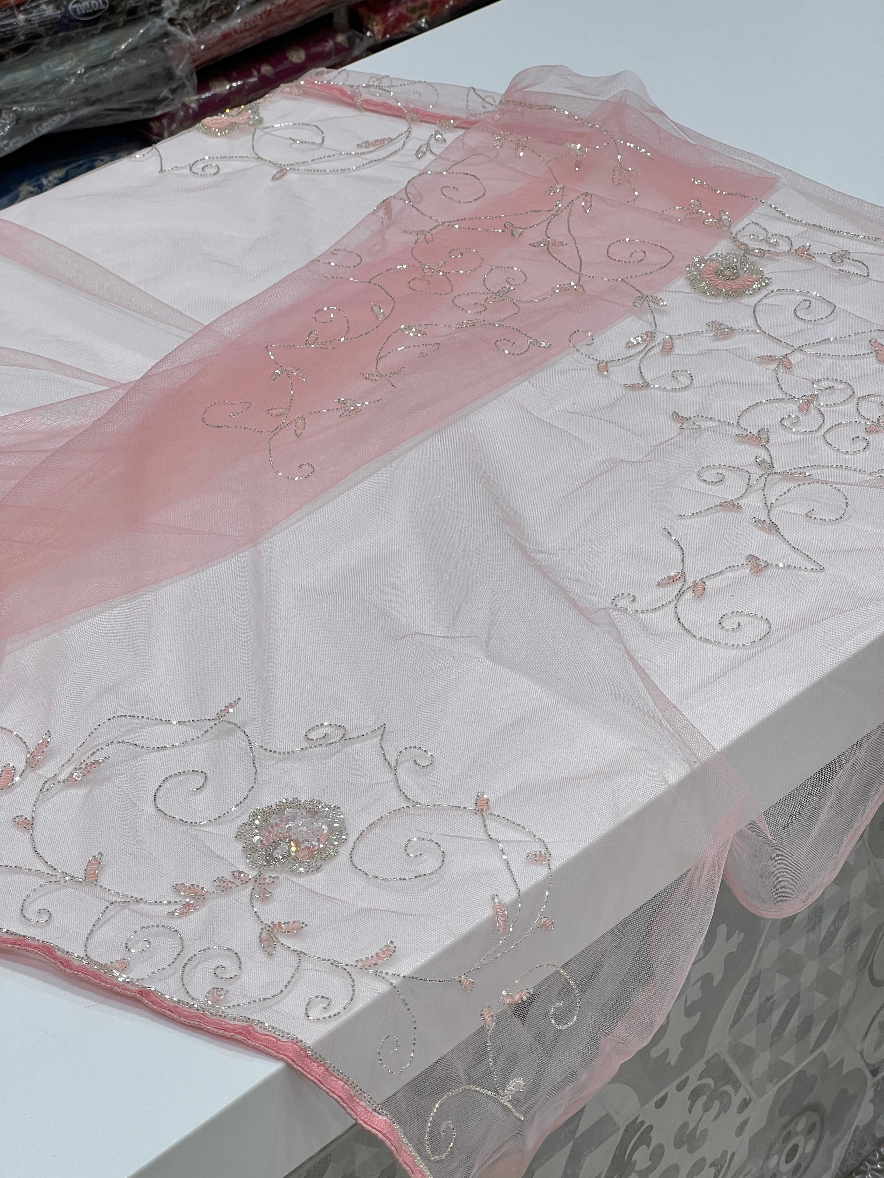 Pink Soft Net Hand Embroidery Saree