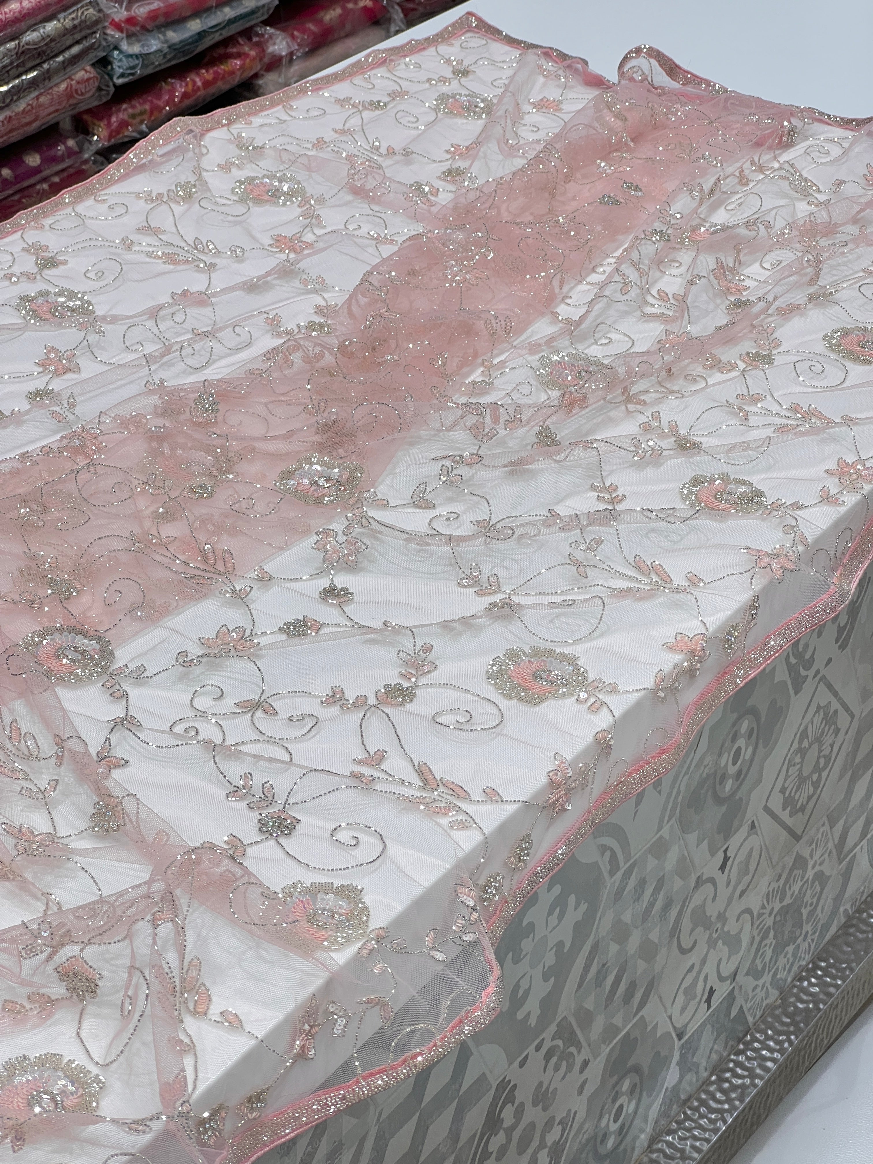 Pink Soft Net Hand Embroidery Saree
