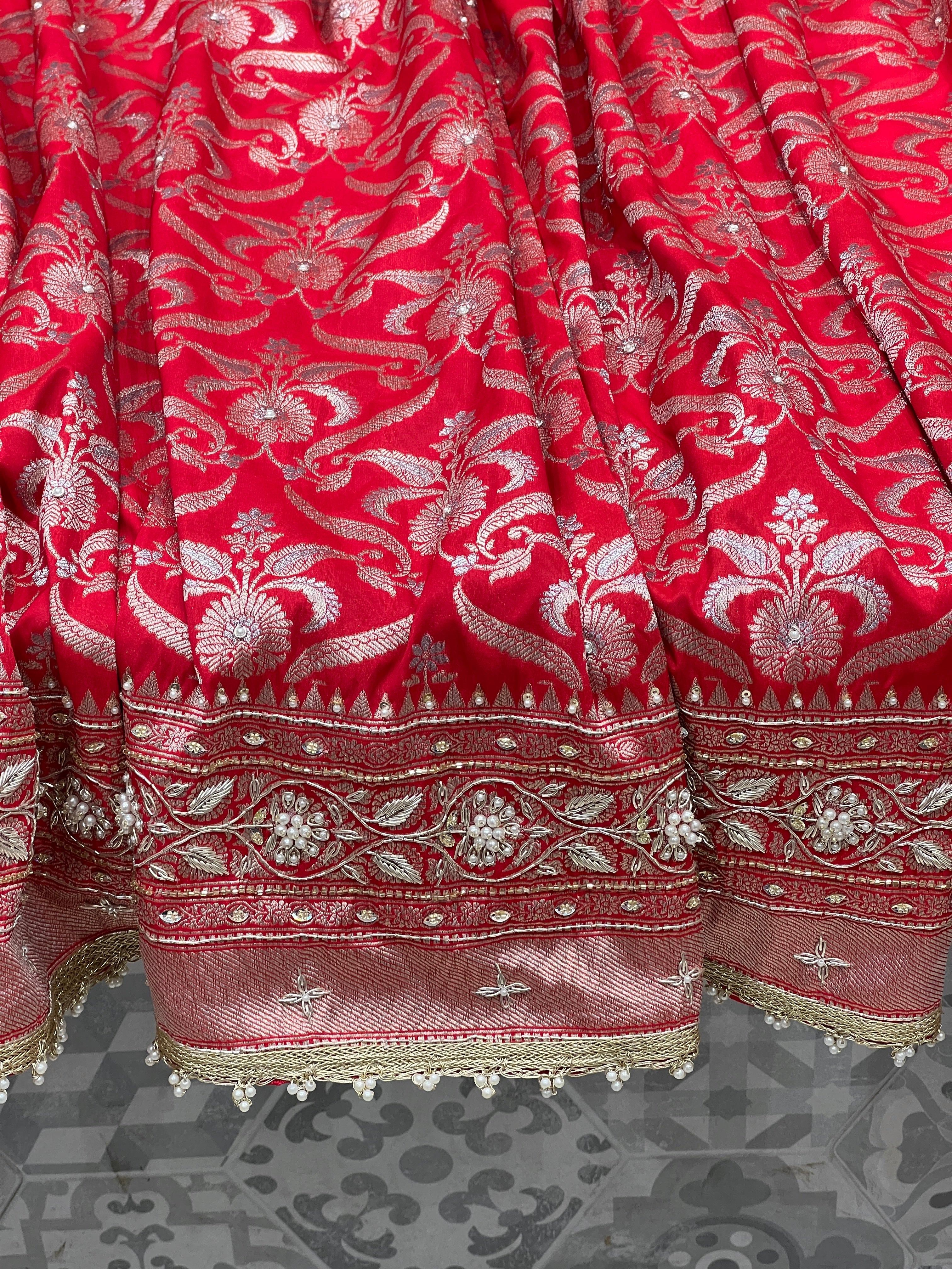 Red Katan Moti Zardozi Hand Embroidery Sare