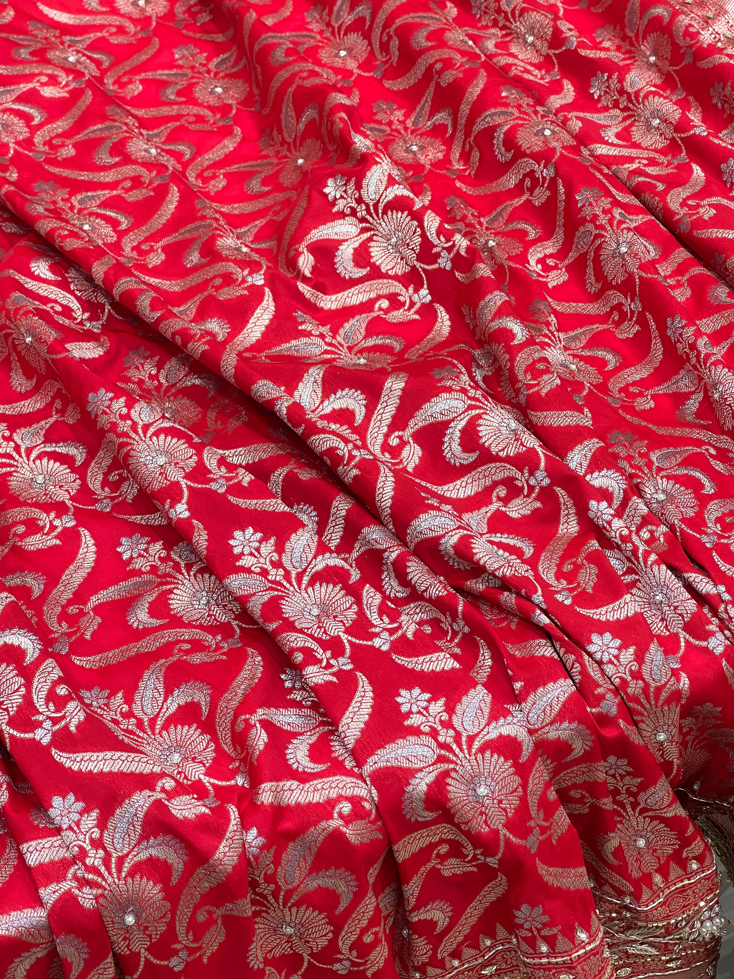 Red Katan Moti Zardozi Hand Embroidery Sare