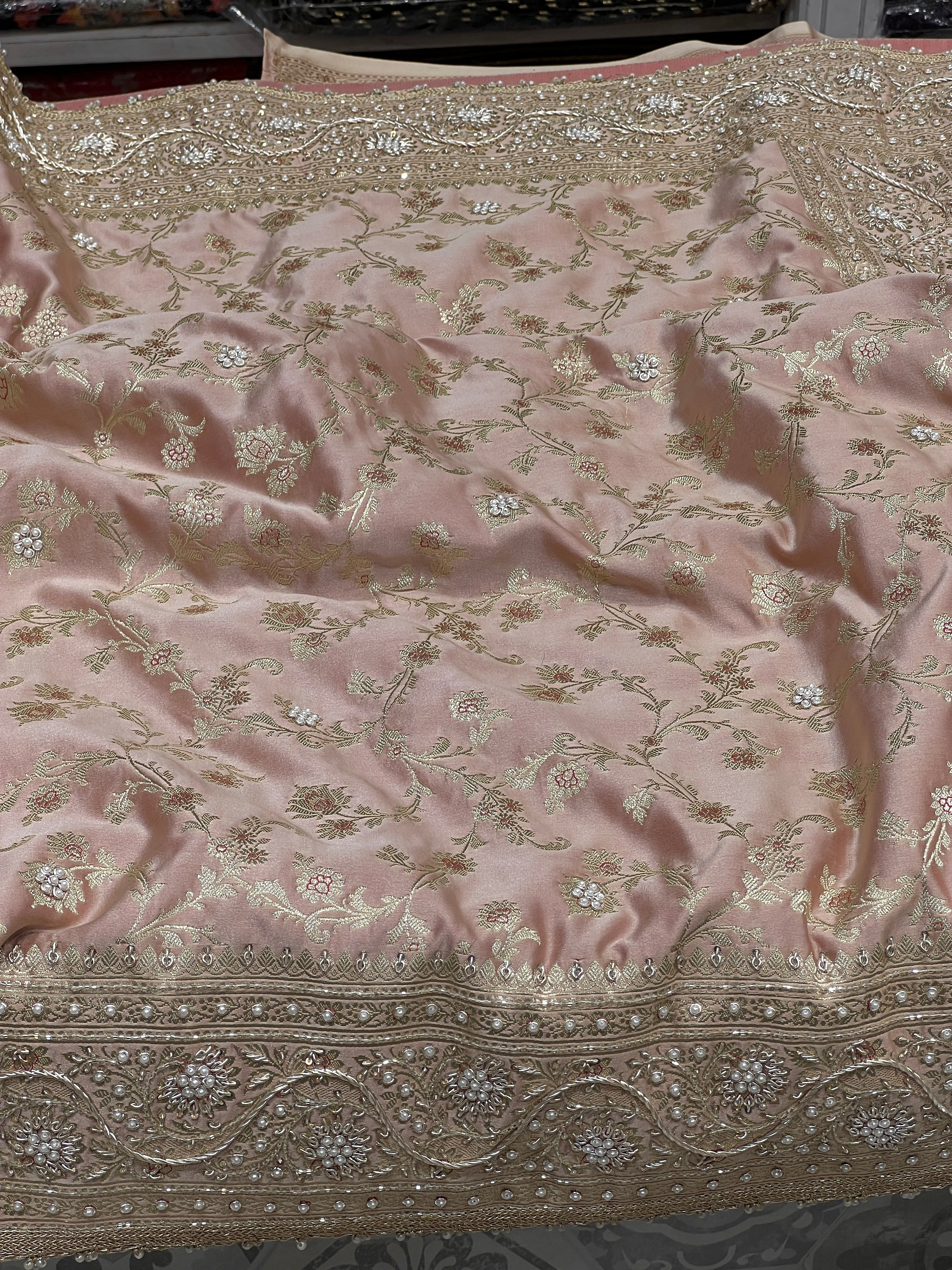 Peach Brown Banarasi Upside Down Zardozi Embroidery Saree