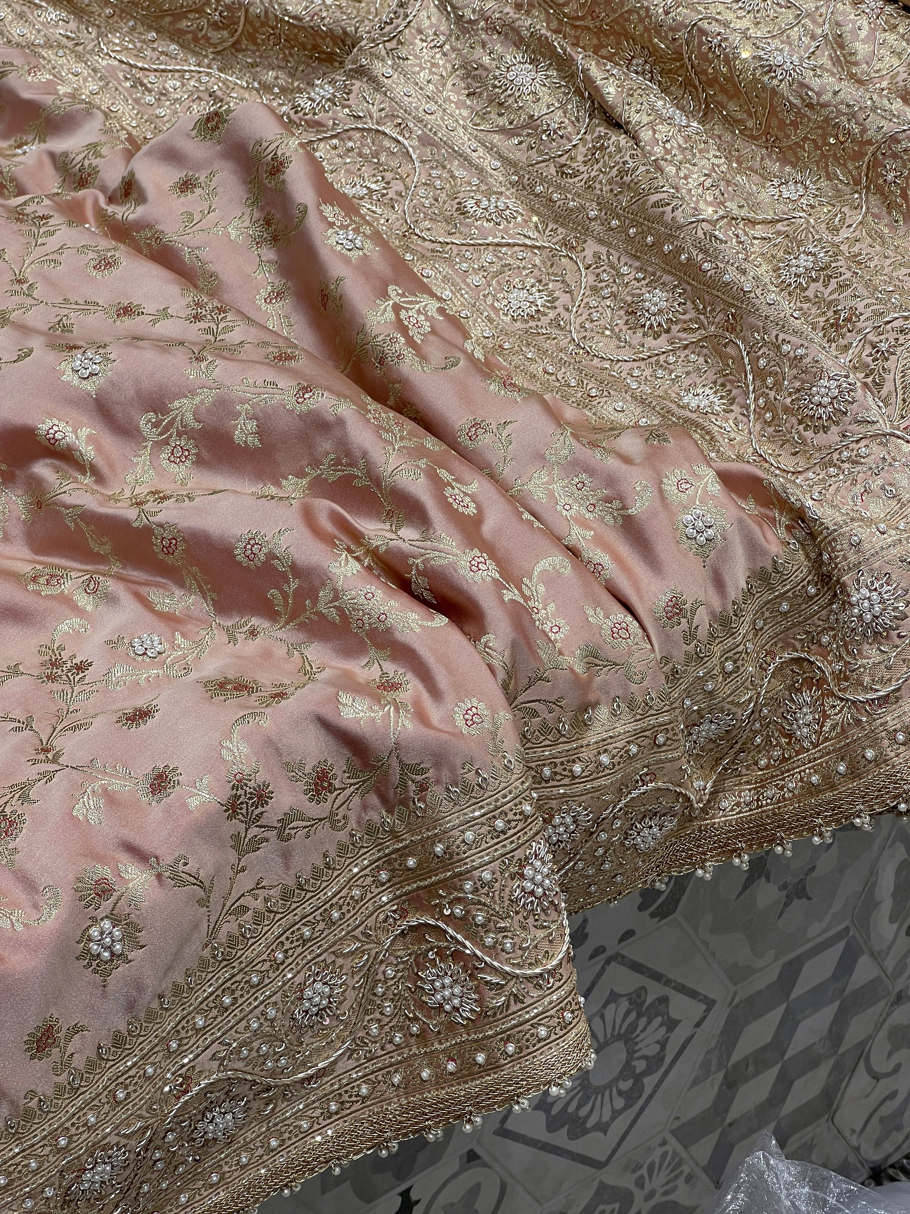 Peach Brown Banarasi Upside Down Zardozi Embroidery Saree