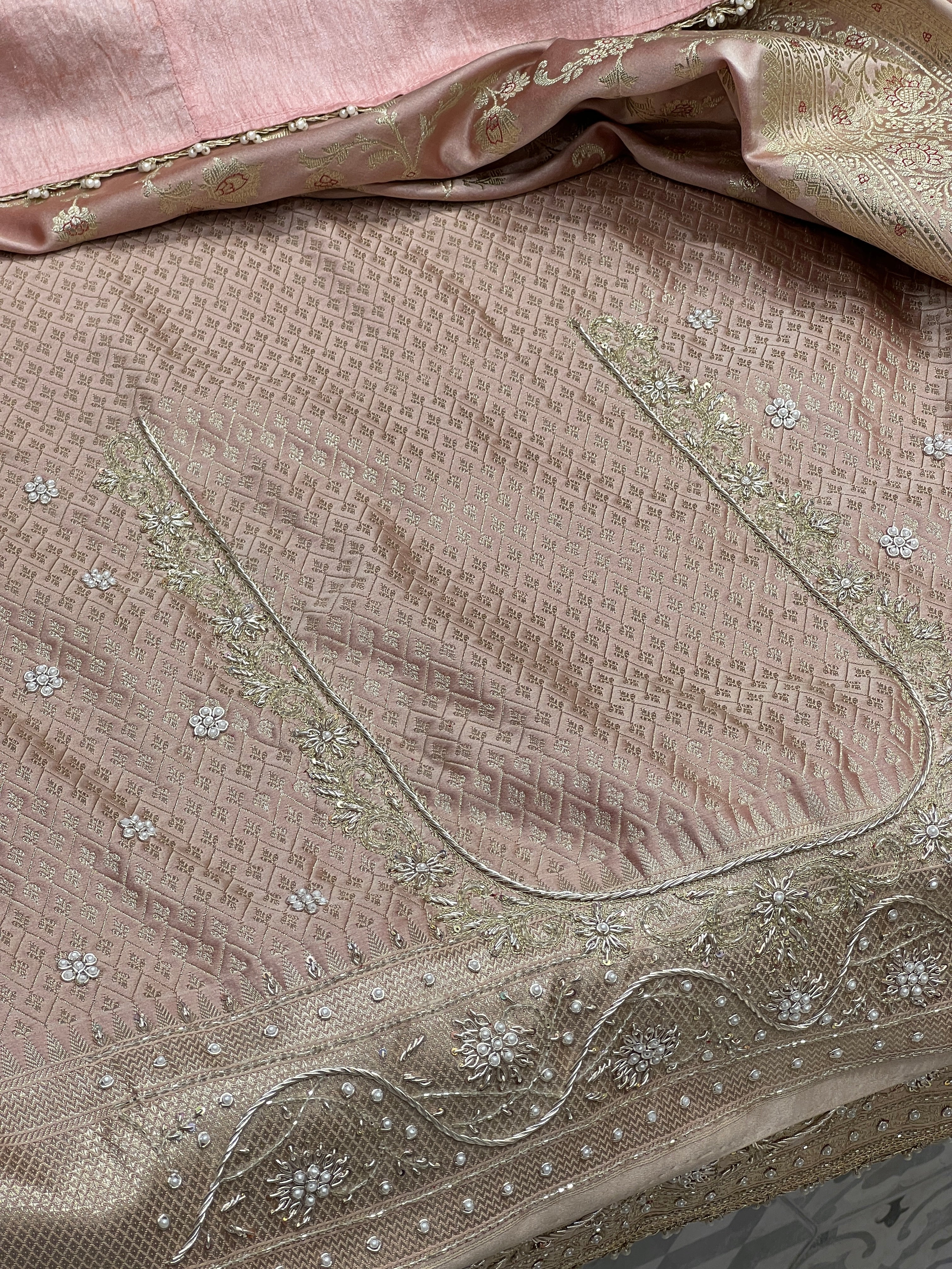 Peach Brown Banarasi Upside Down Zardozi Embroidery Saree