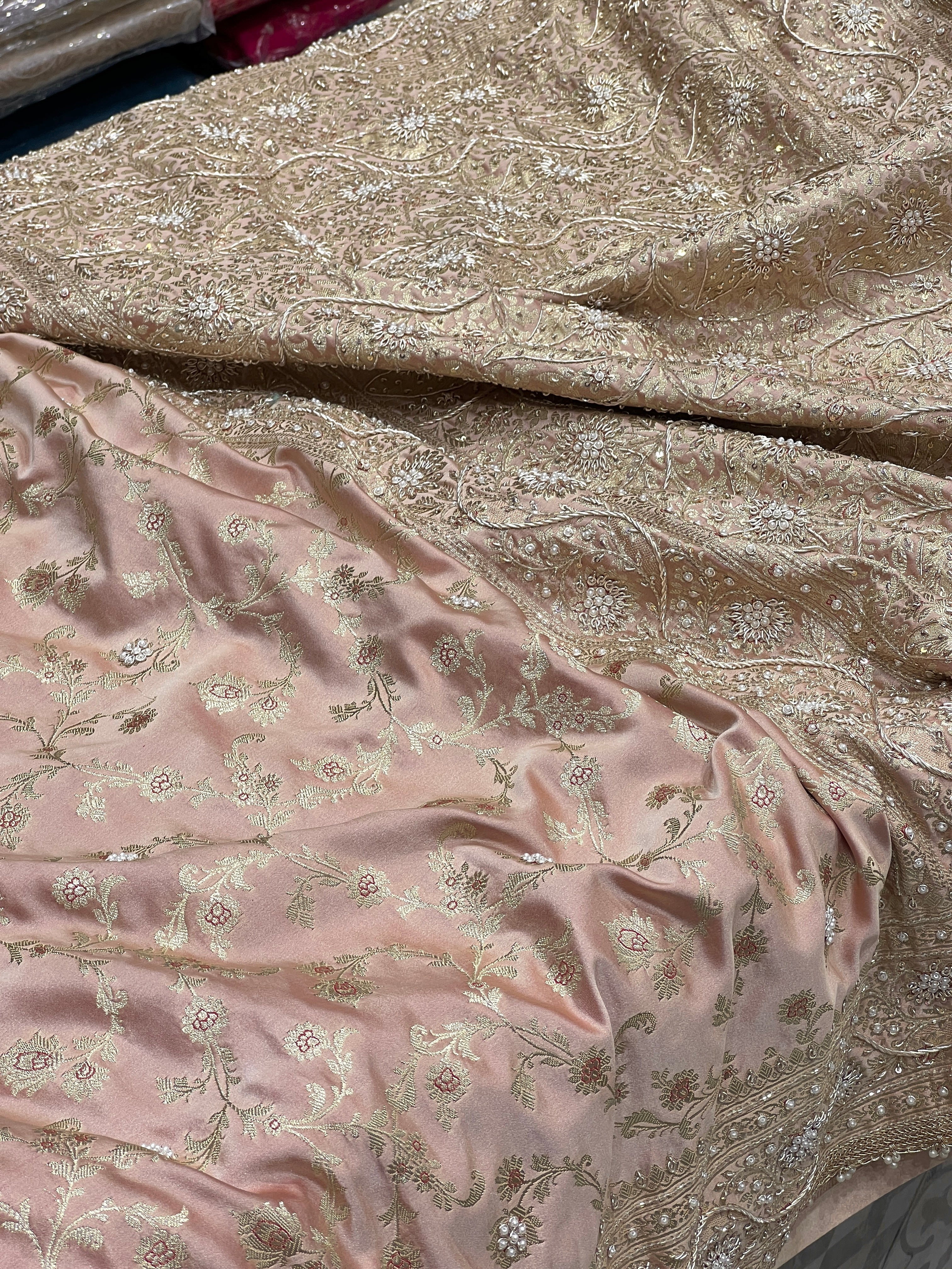 Peach Brown Banarasi Upside Down Zardozi Embroidery Saree