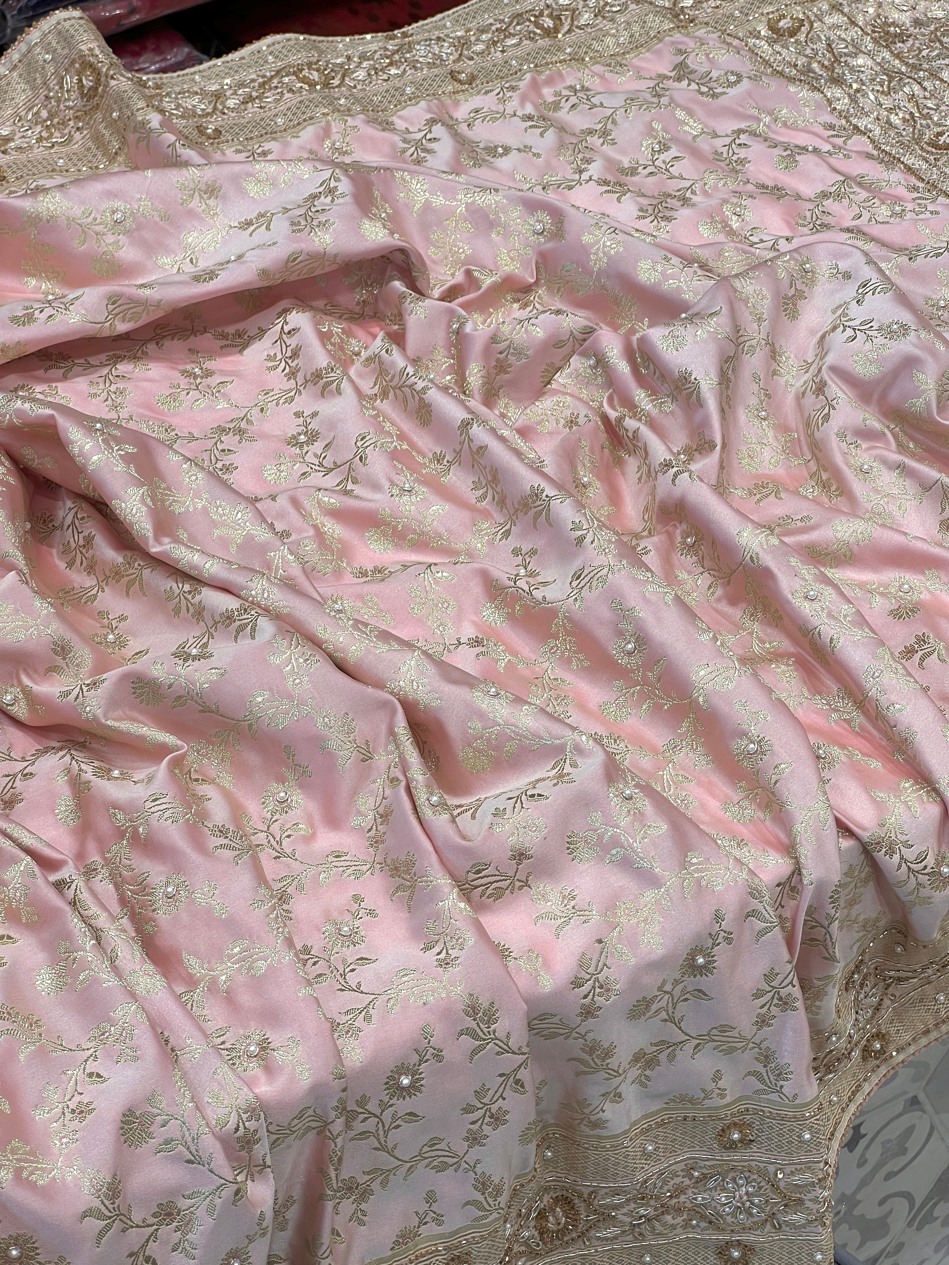 Pink Banarasi Flower Border Hand Embroidery Saree