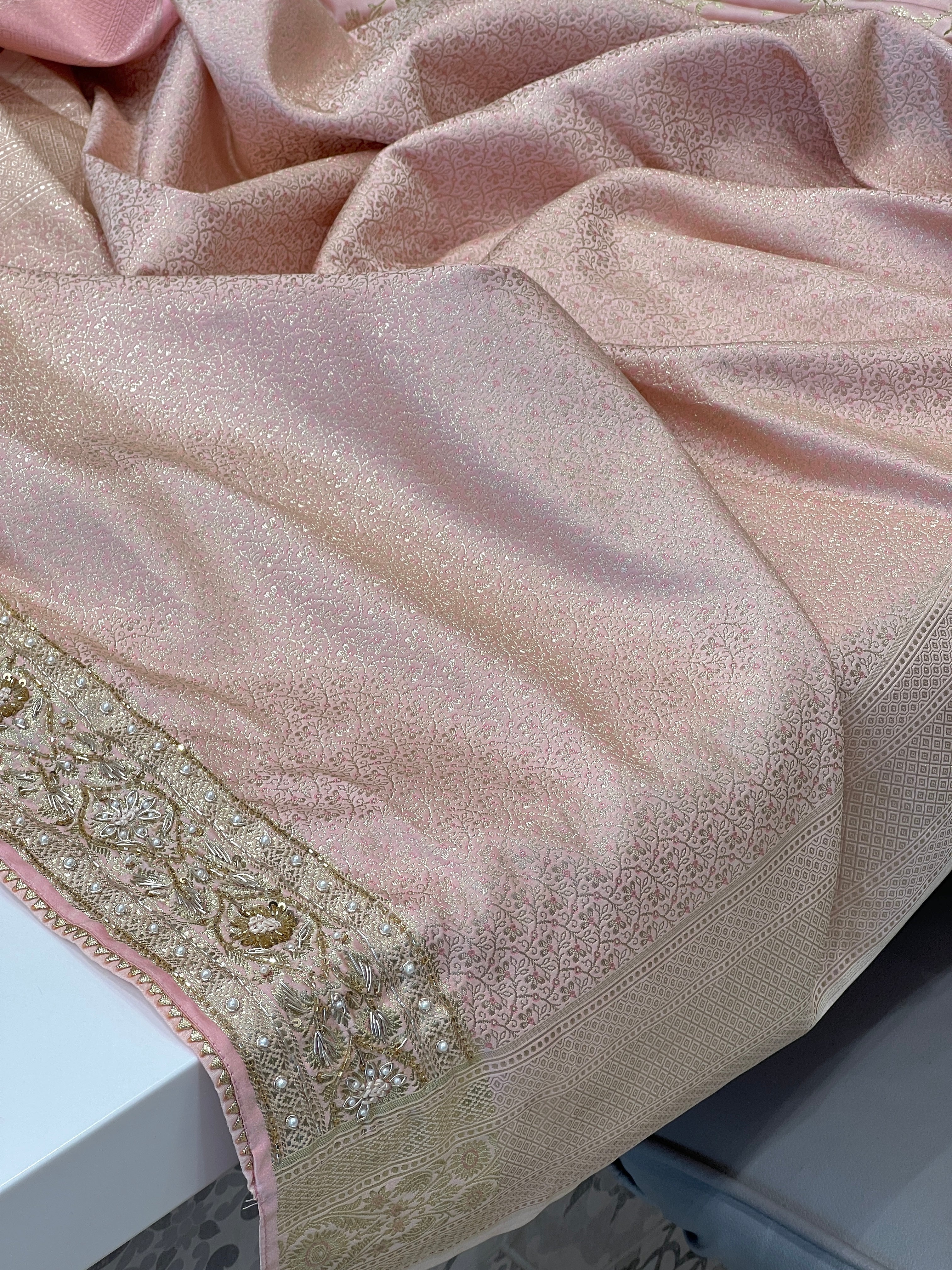 Pink Banarasi Flower Border Hand Embroidery Saree