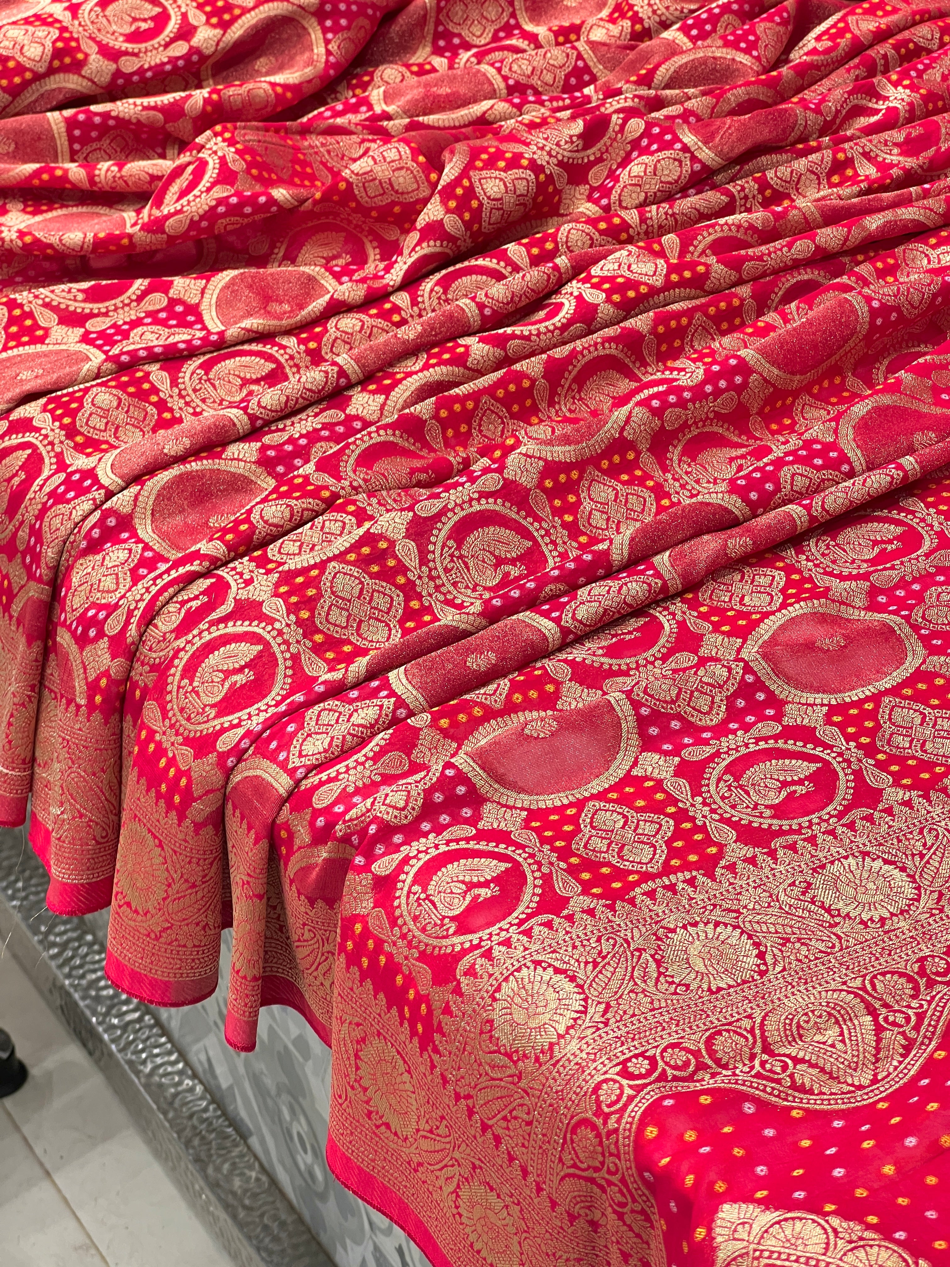 Reddish Pink Georgette Peacock Theme Saree
