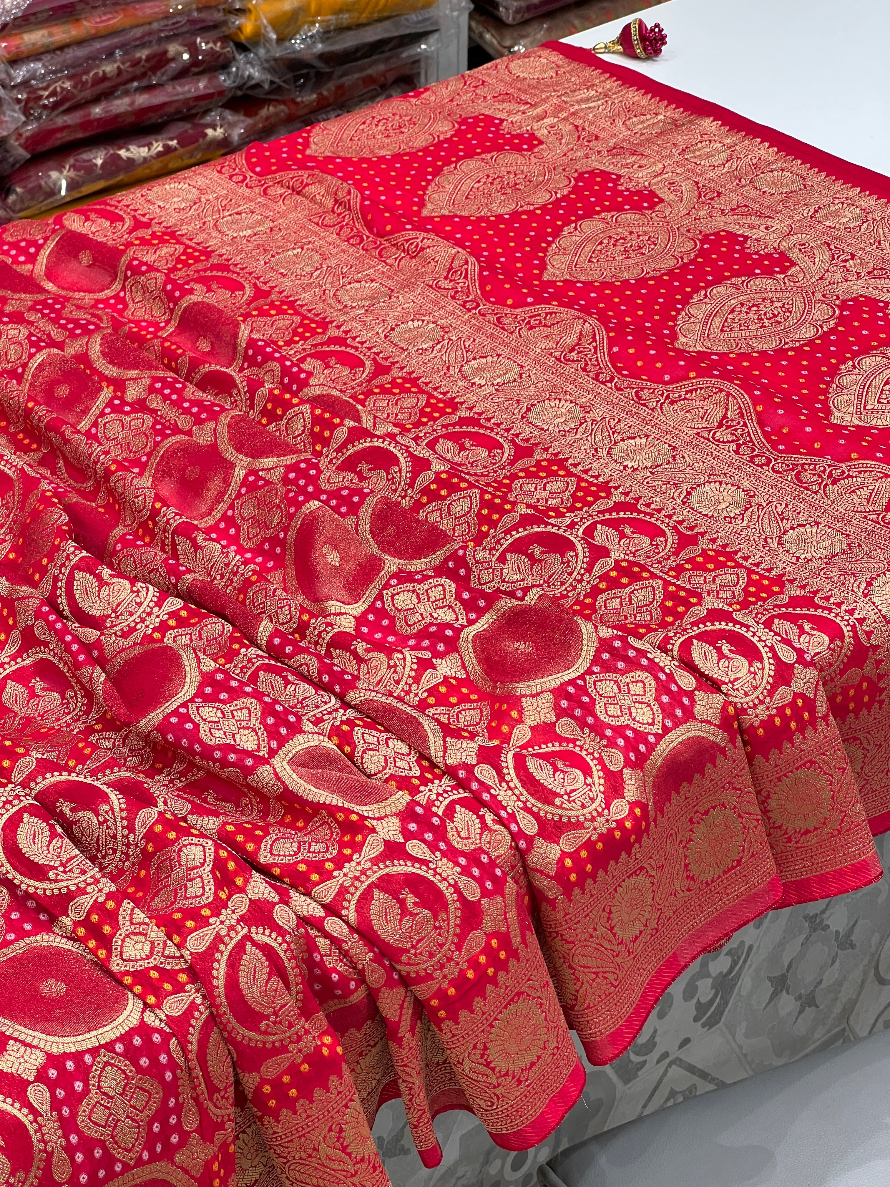 Reddish Pink Georgette Peacock Theme Saree