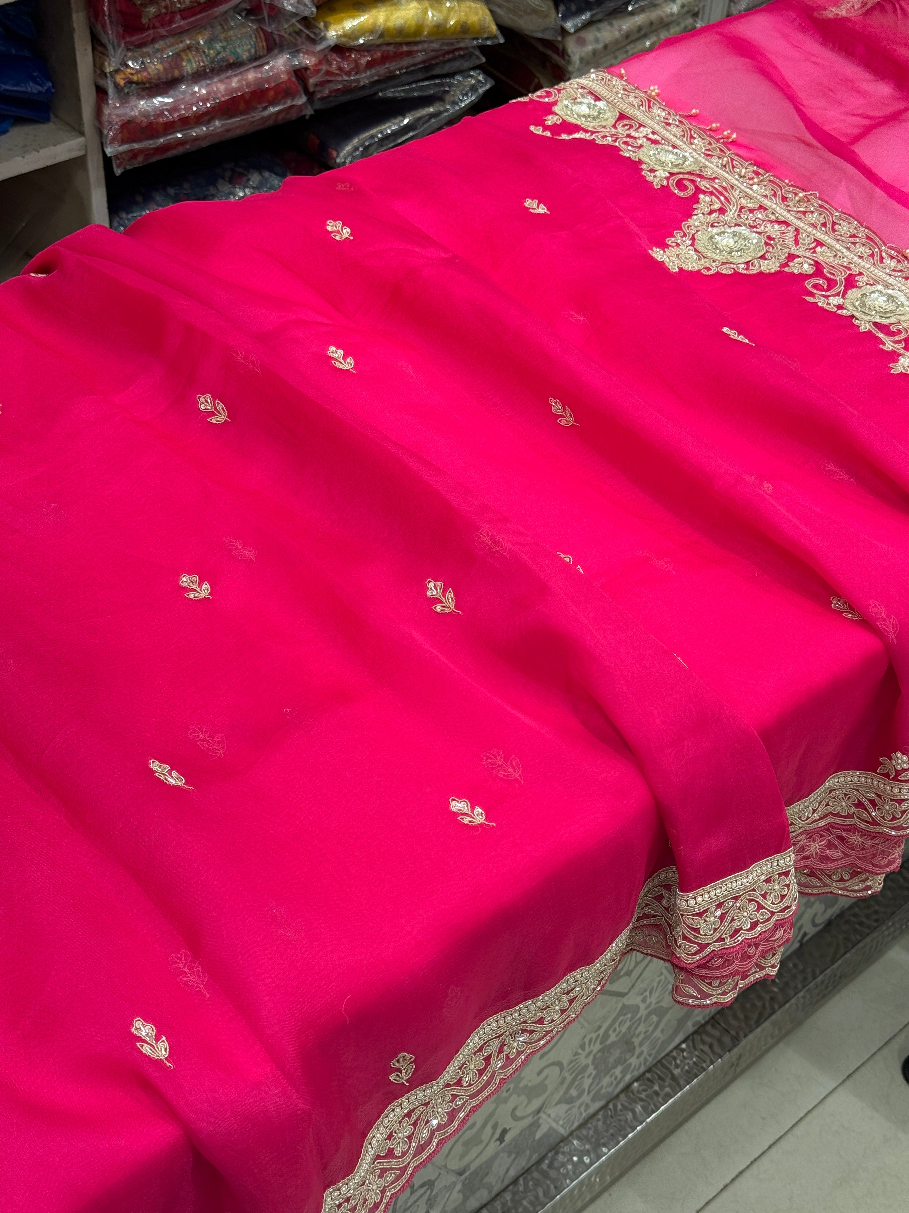 Rani Organza Zardozi Hand Embroidery Saree