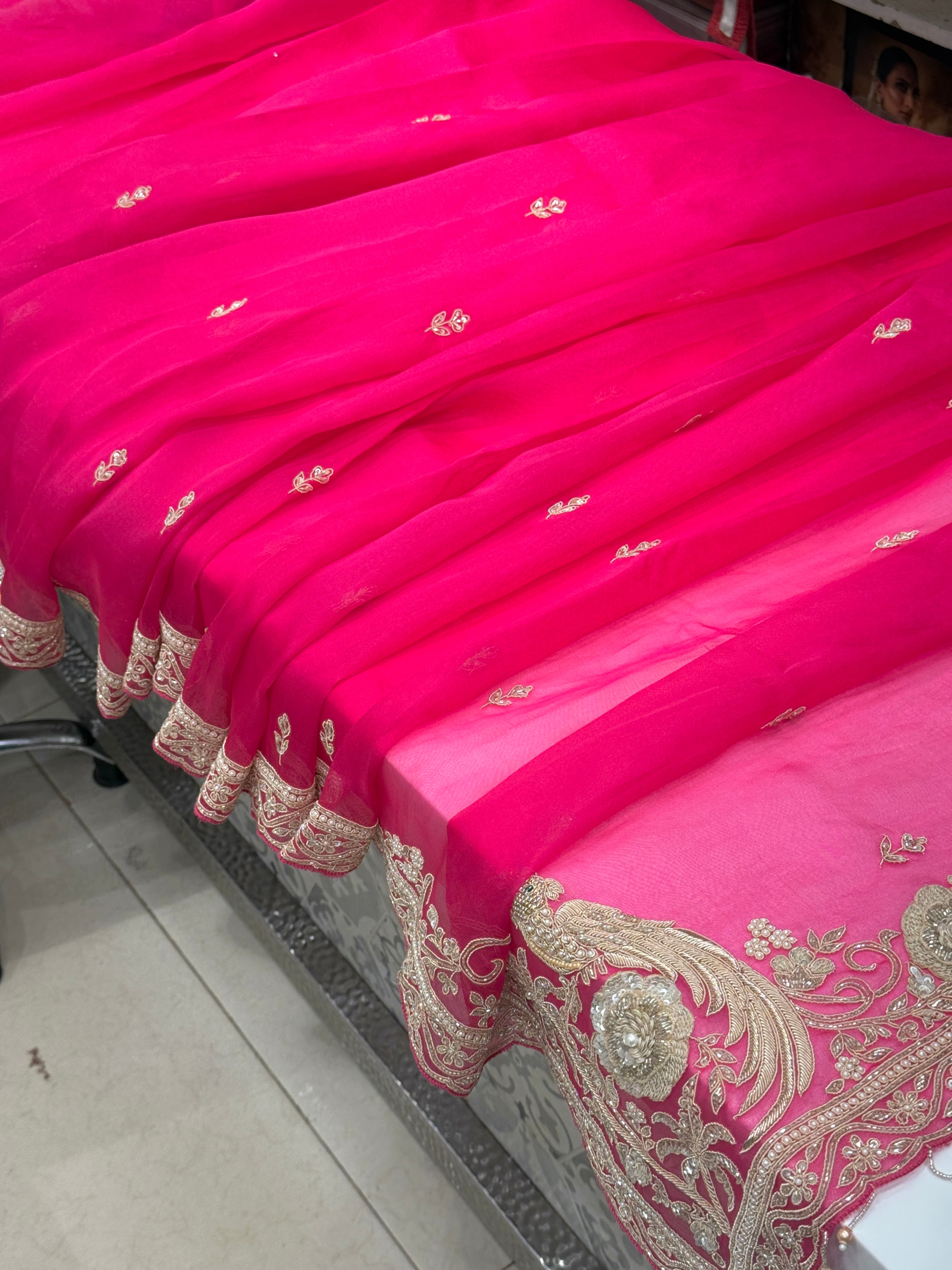 Rani Organza Zardozi Hand Embroidery Saree