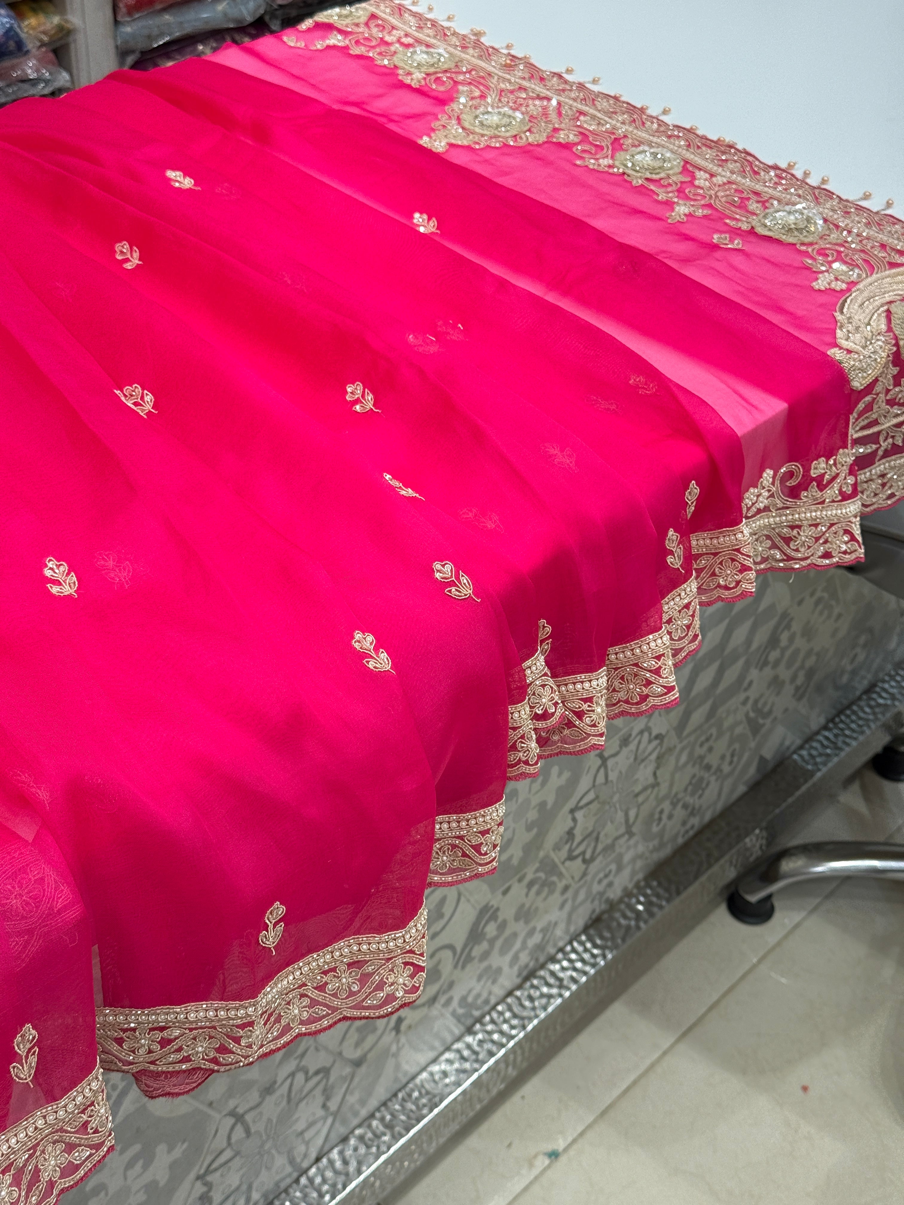 Rani Organza Zardozi Hand Embroidery Saree