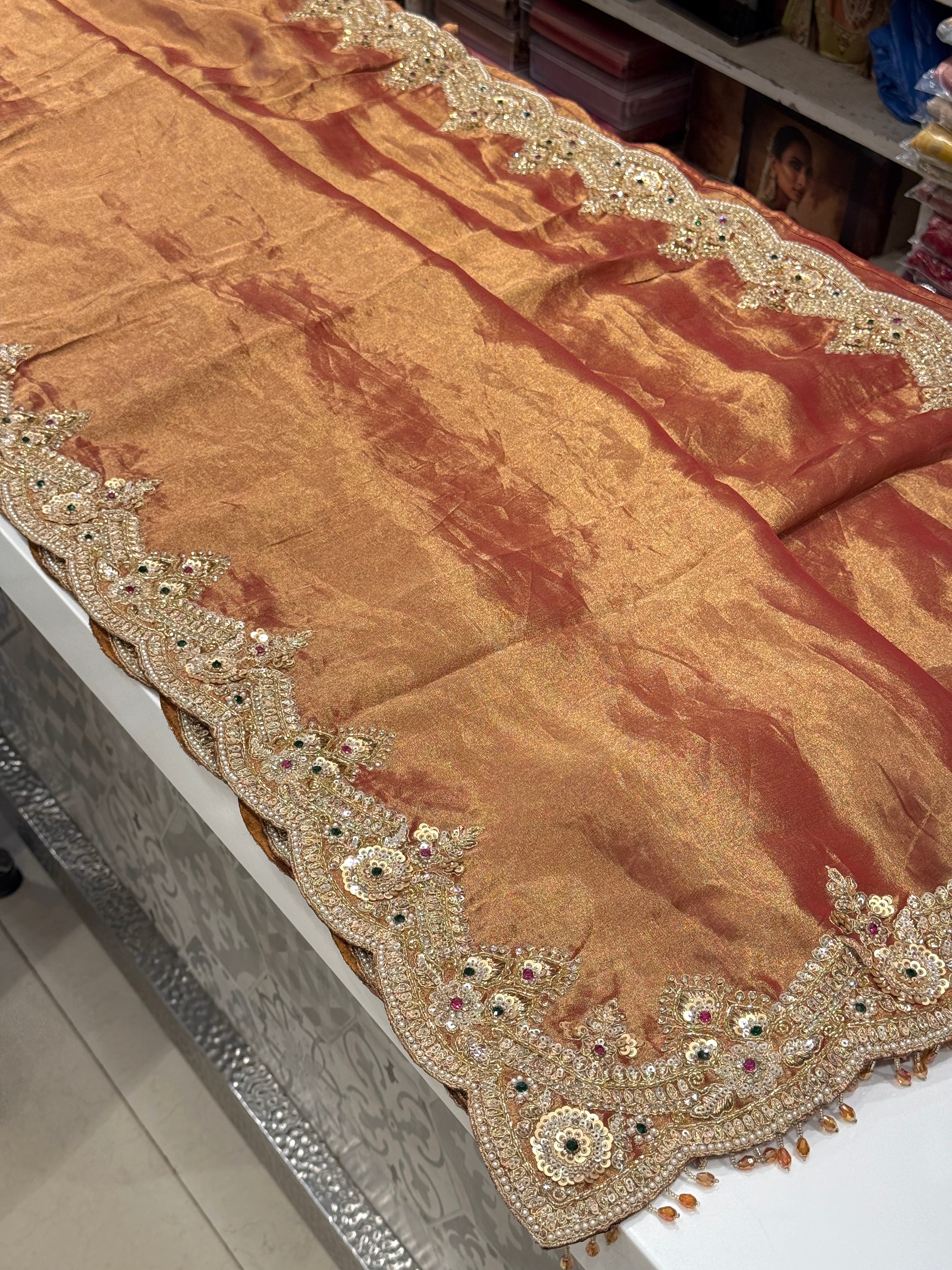 Golden Red Tissue Saree with Ready Blouse