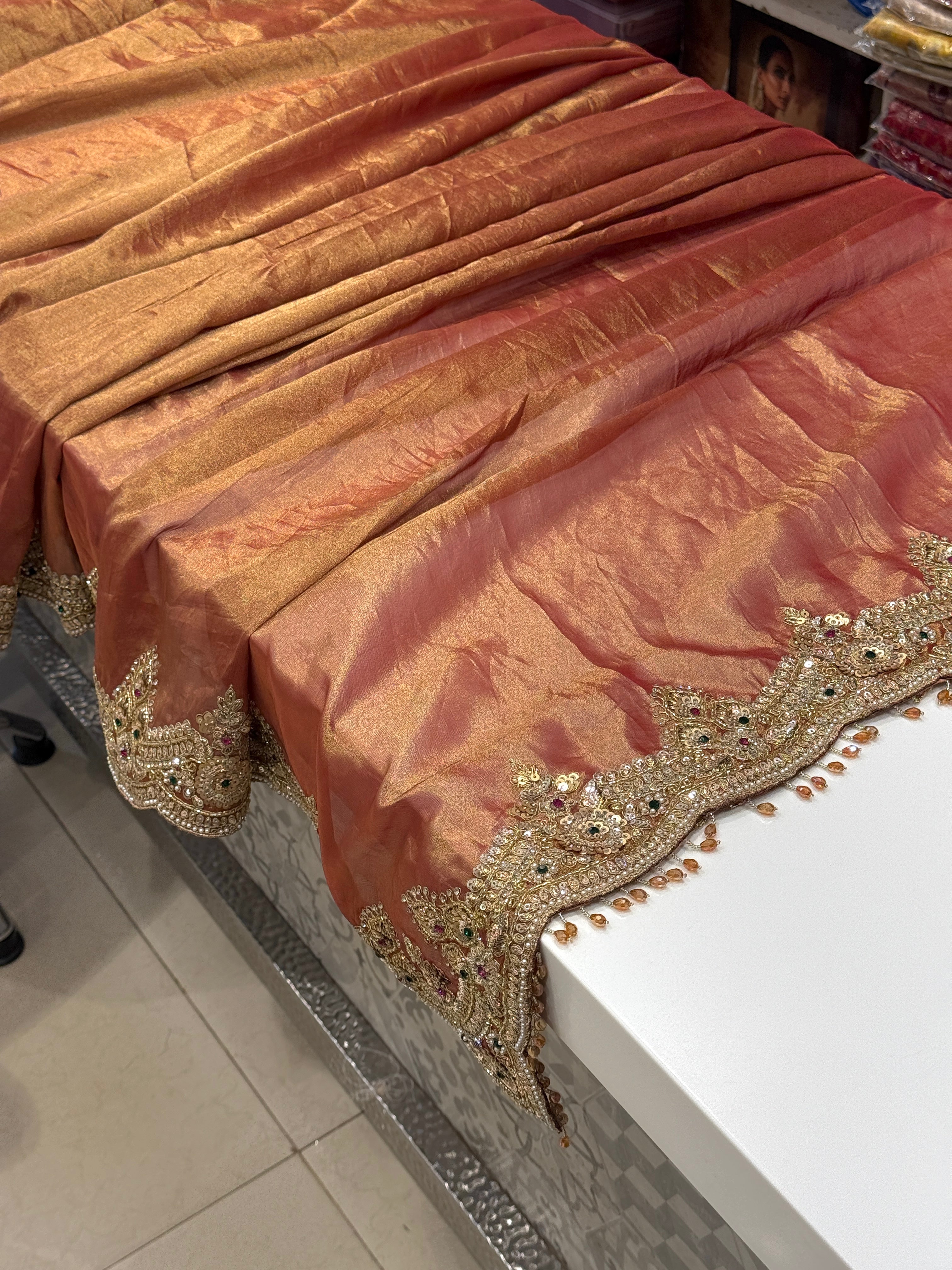 Golden Red Tissue Saree with Ready Blouse