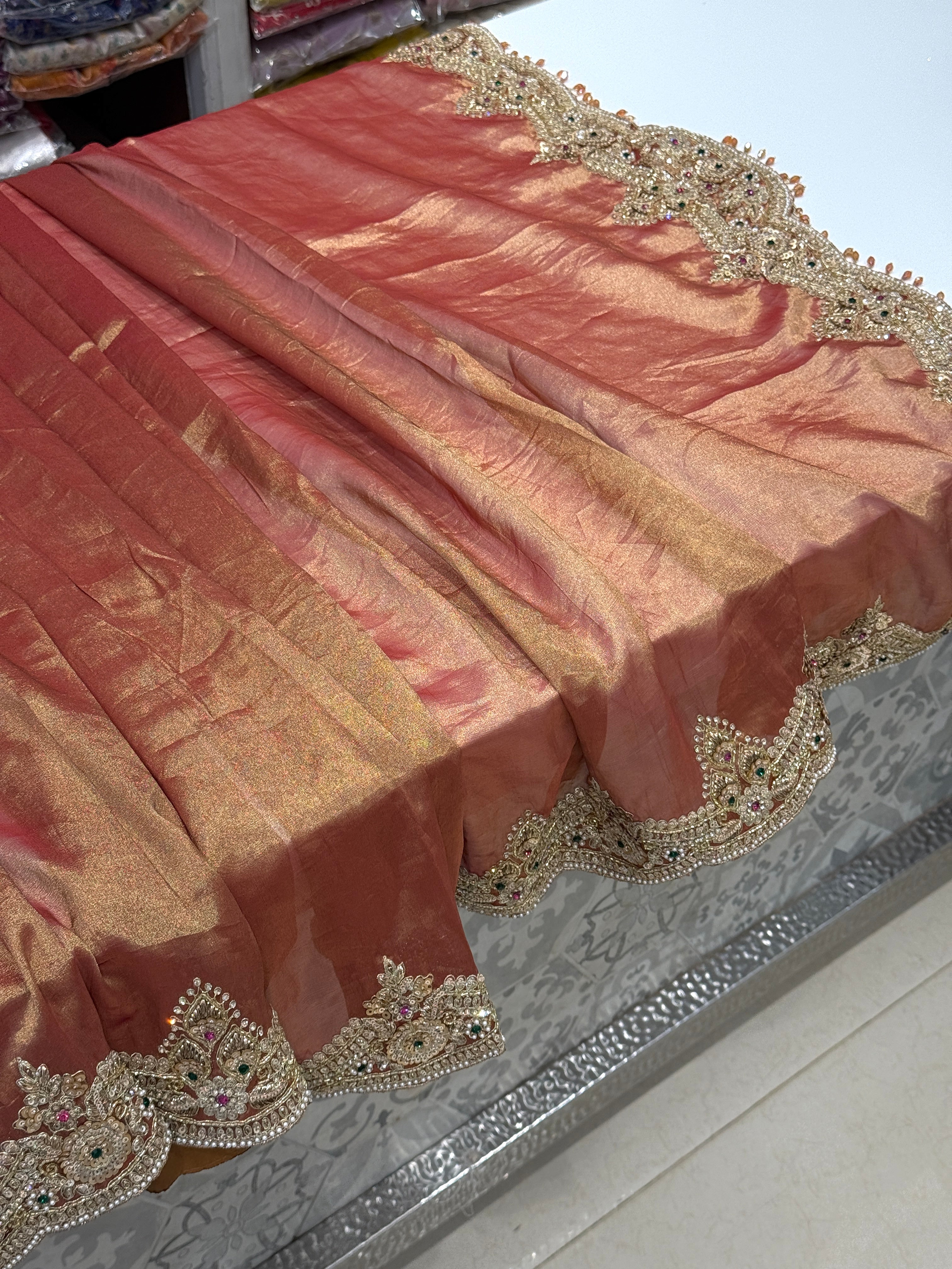 Golden Red Tissue Saree with Ready Blouse