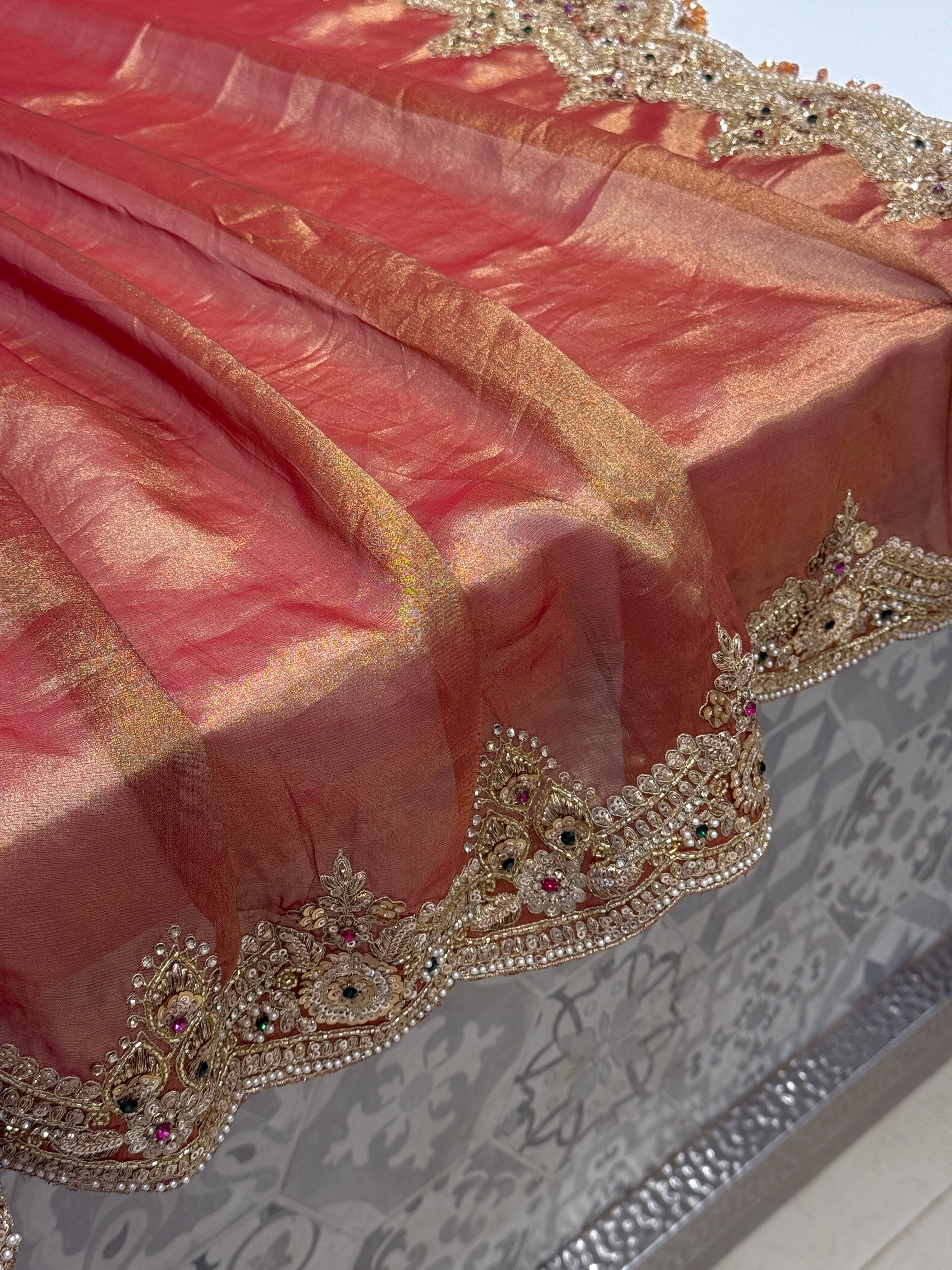 Golden Red Tissue Saree with Ready Blouse
