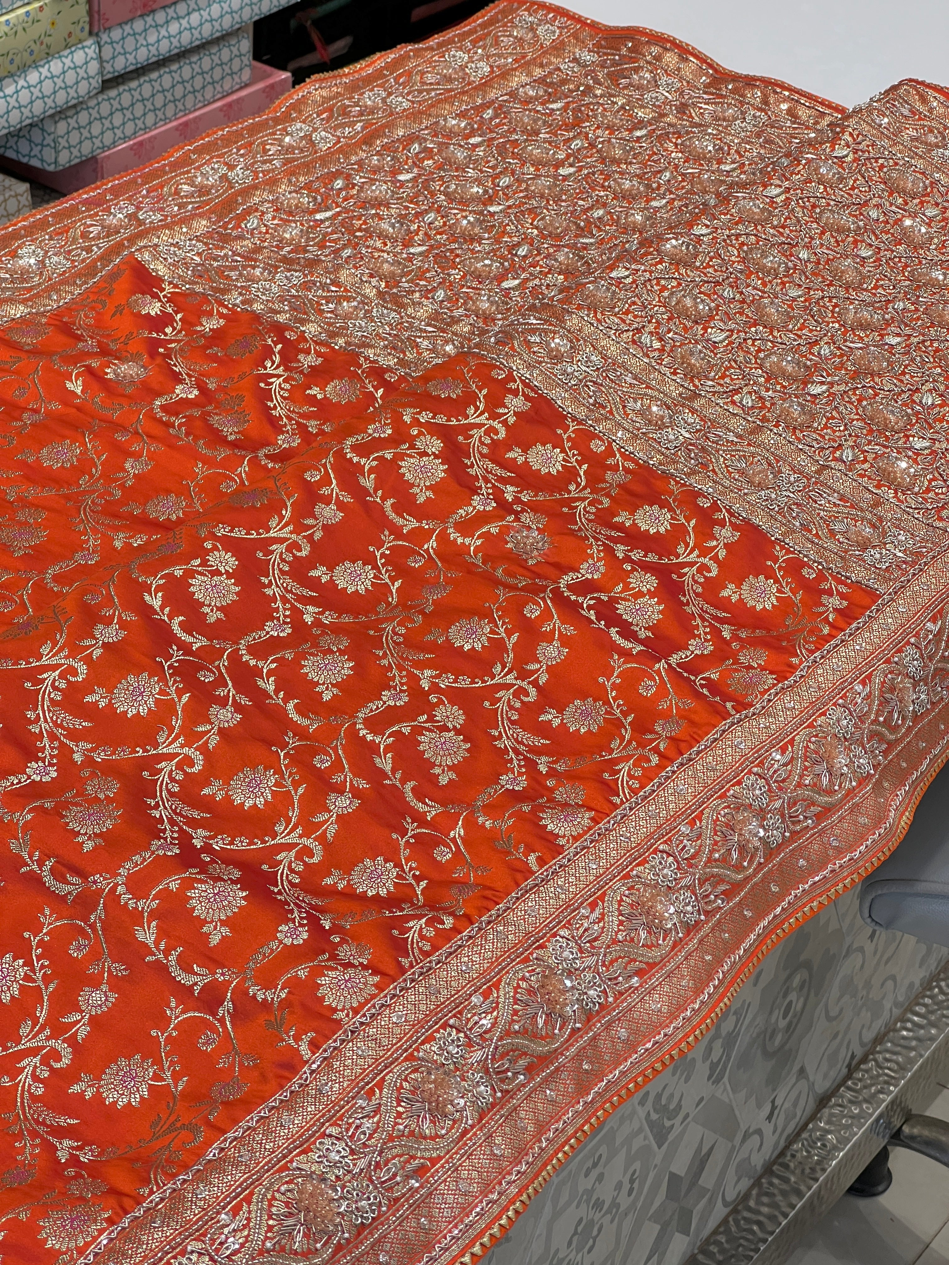 Orange Banarasi Bloom Border Hand Embroidery Saree