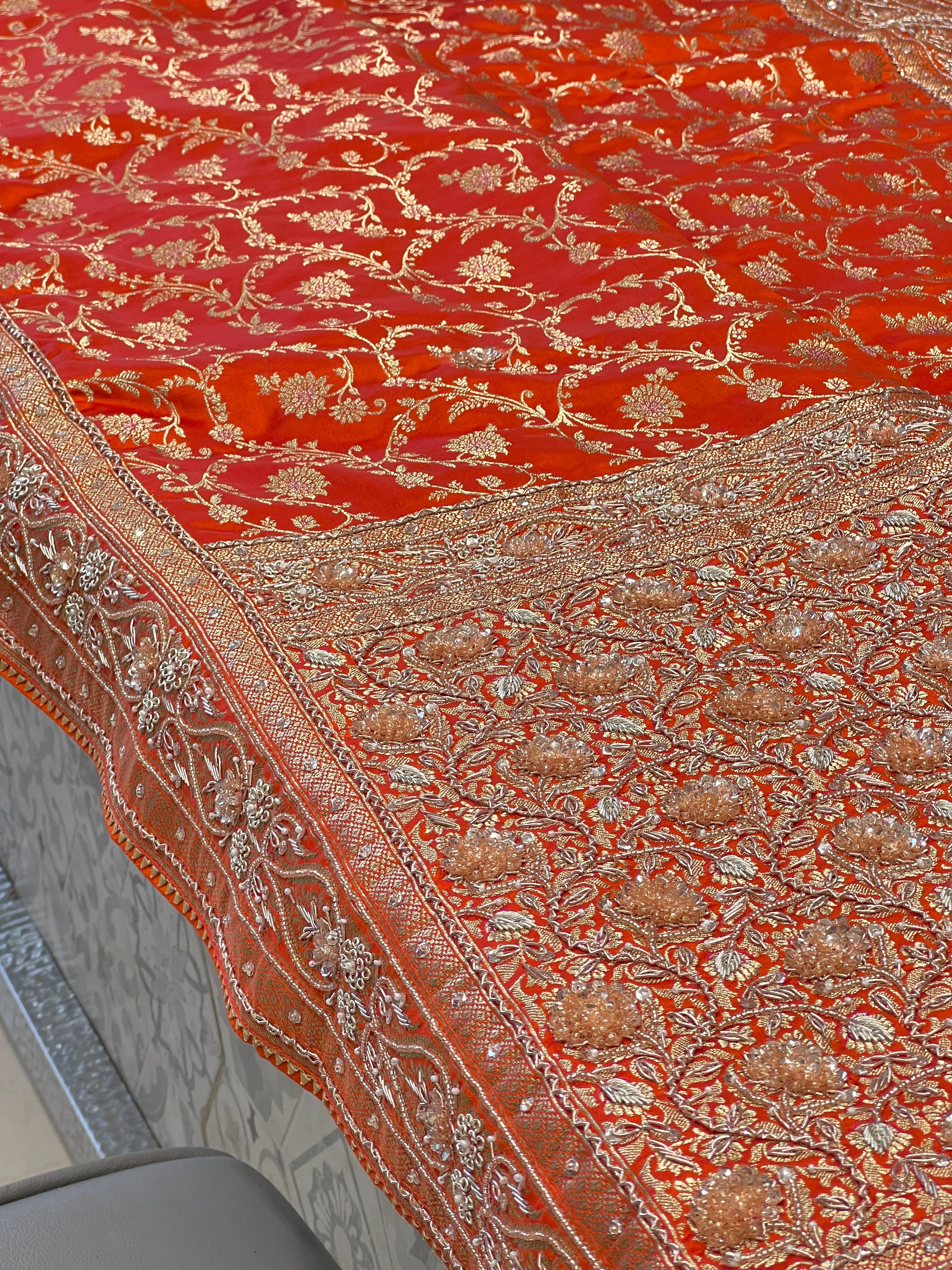 Orange Banarasi Bloom Border Hand Embroidery Saree