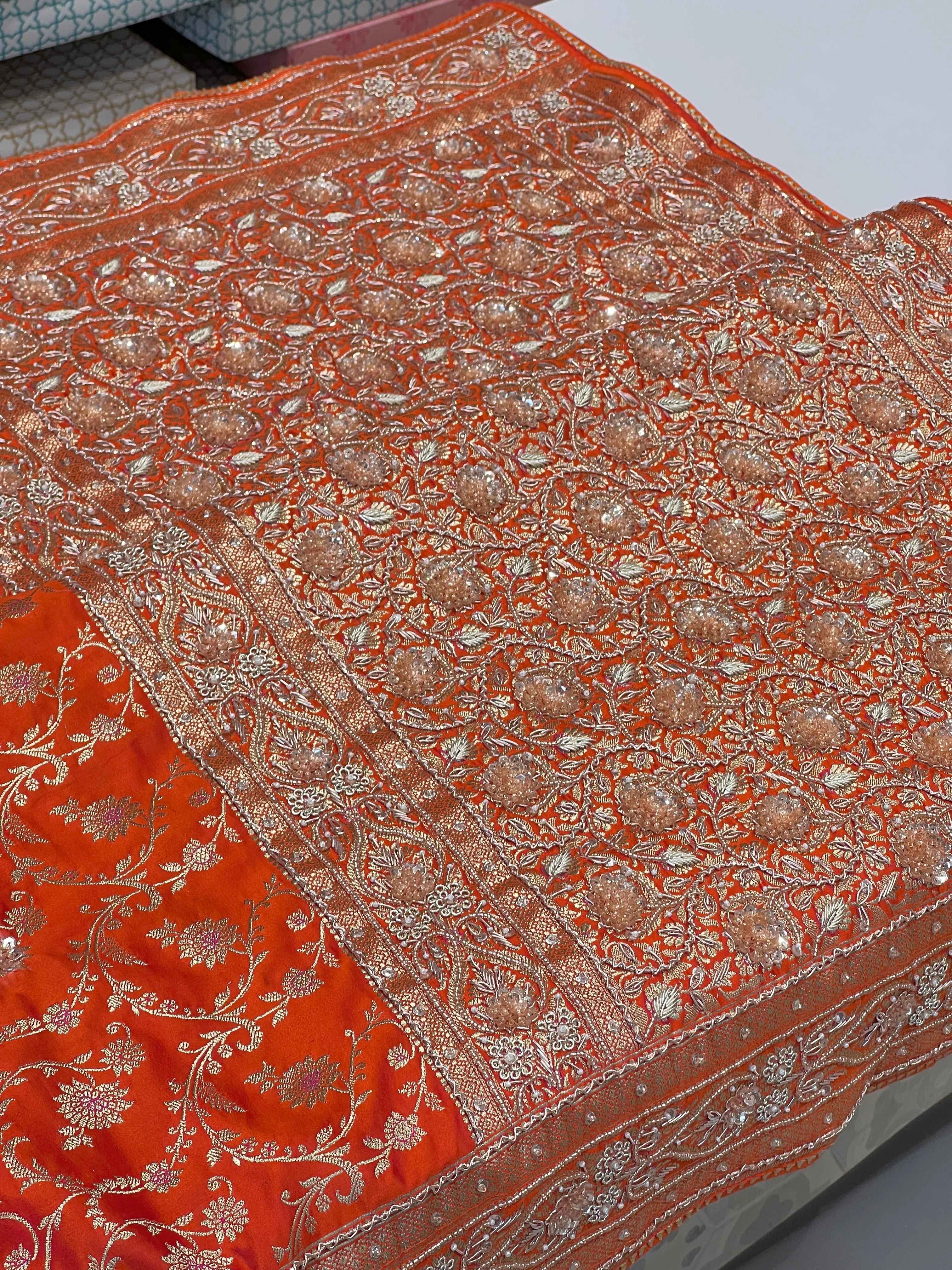 Orange Banarasi Bloom Border Hand Embroidery Saree