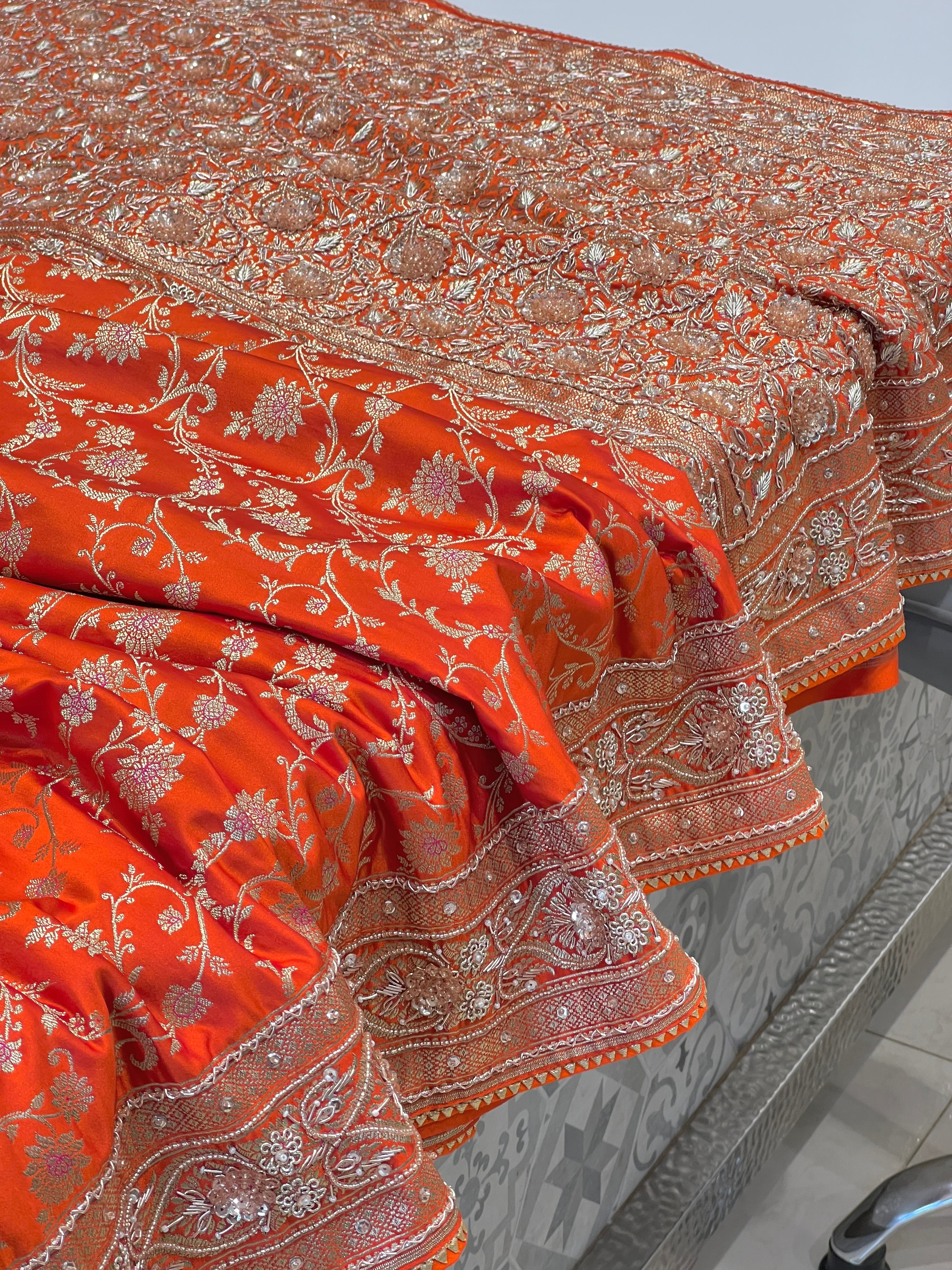 Orange Banarasi Bloom Border Hand Embroidery Saree