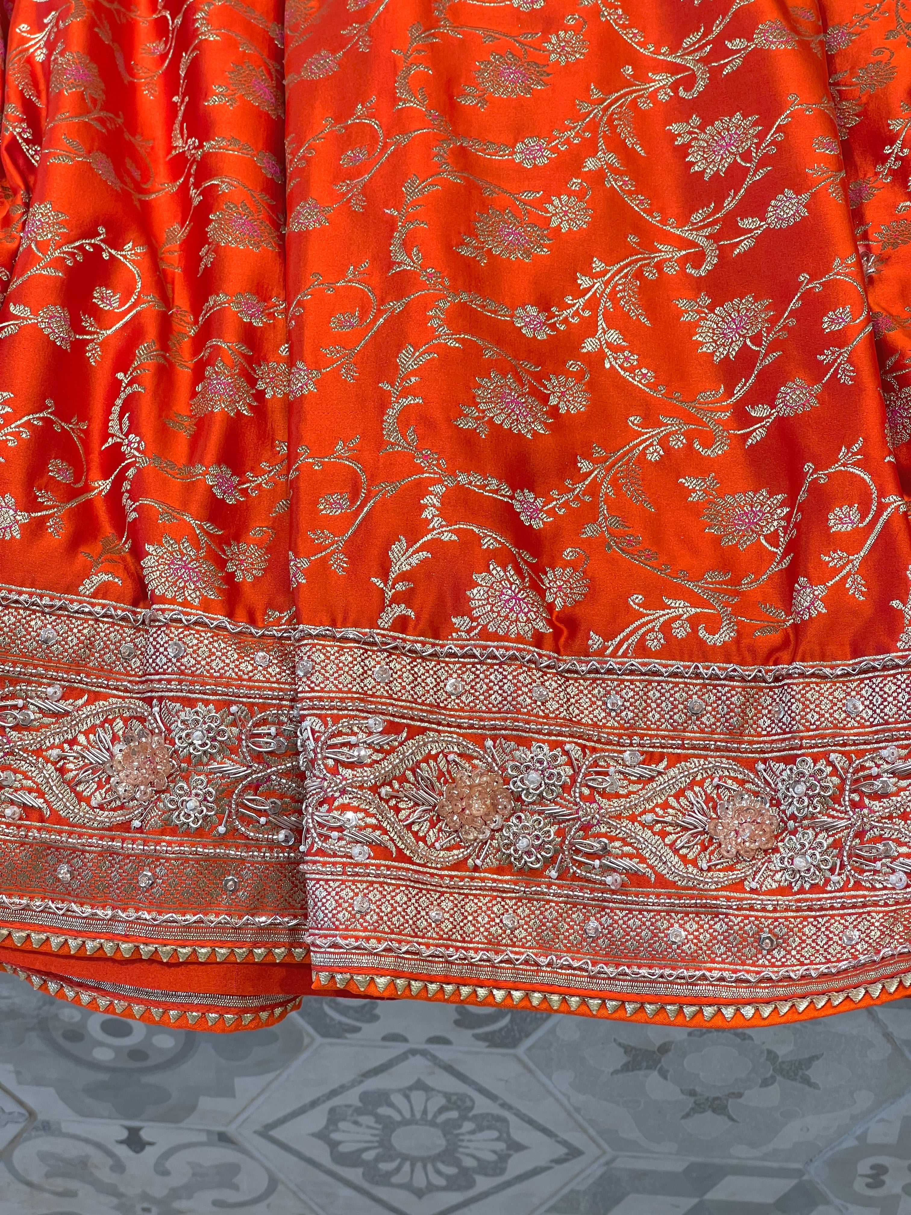 Orange Banarasi Bloom Border Hand Embroidery Saree