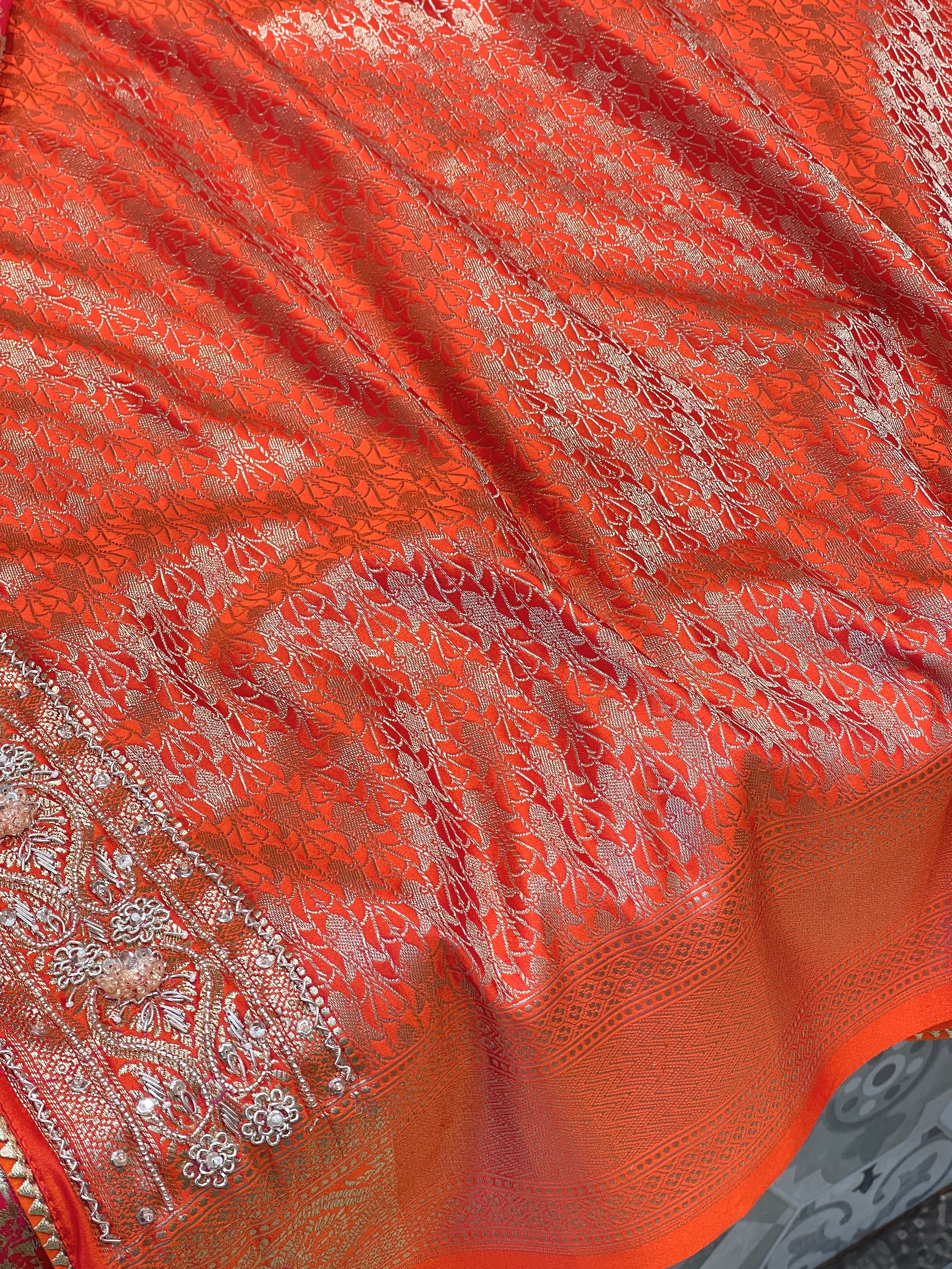 Orange Banarasi Bloom Border Hand Embroidery Saree