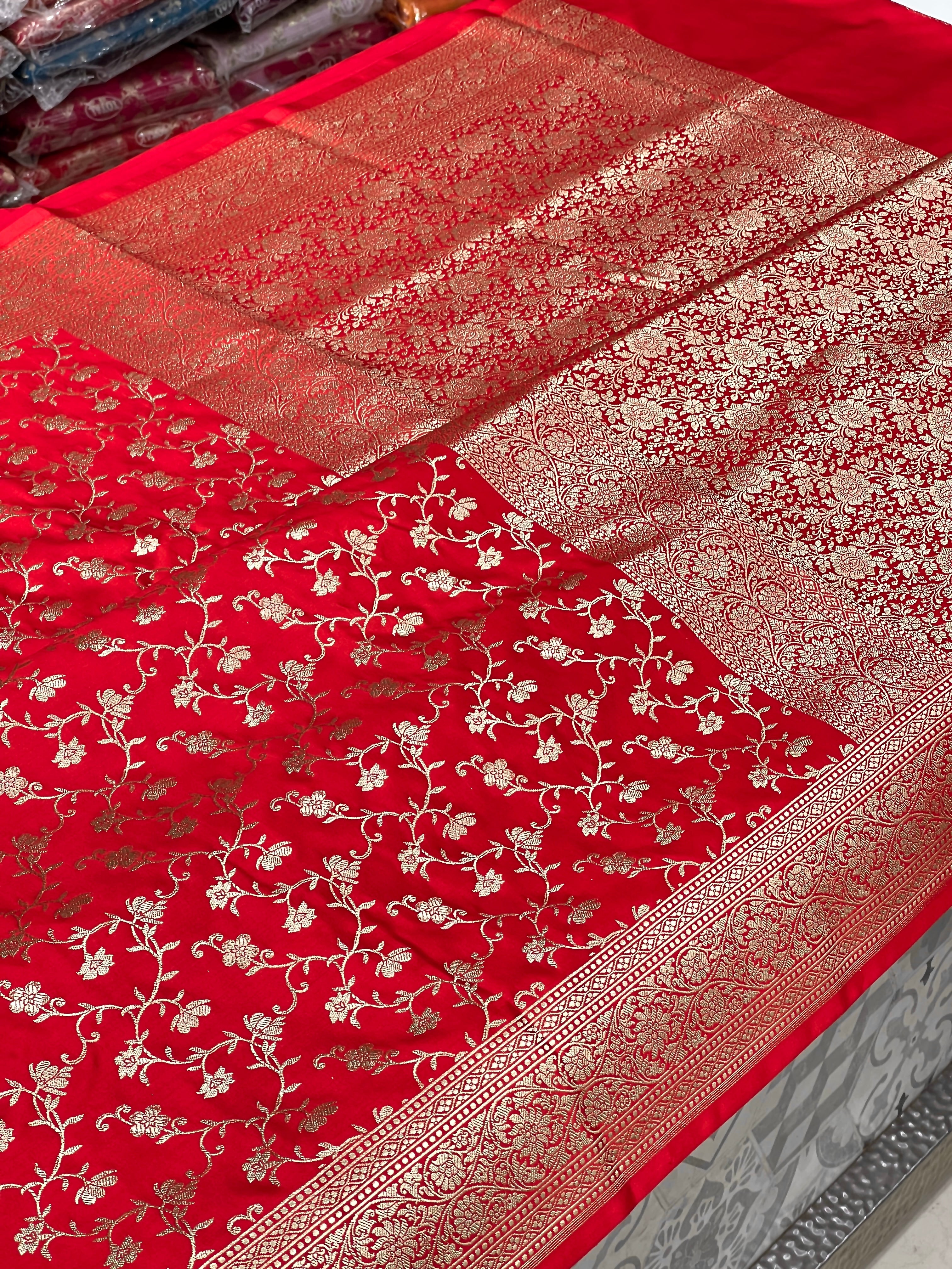 Red Banarasi Periwinkle Floral Saree