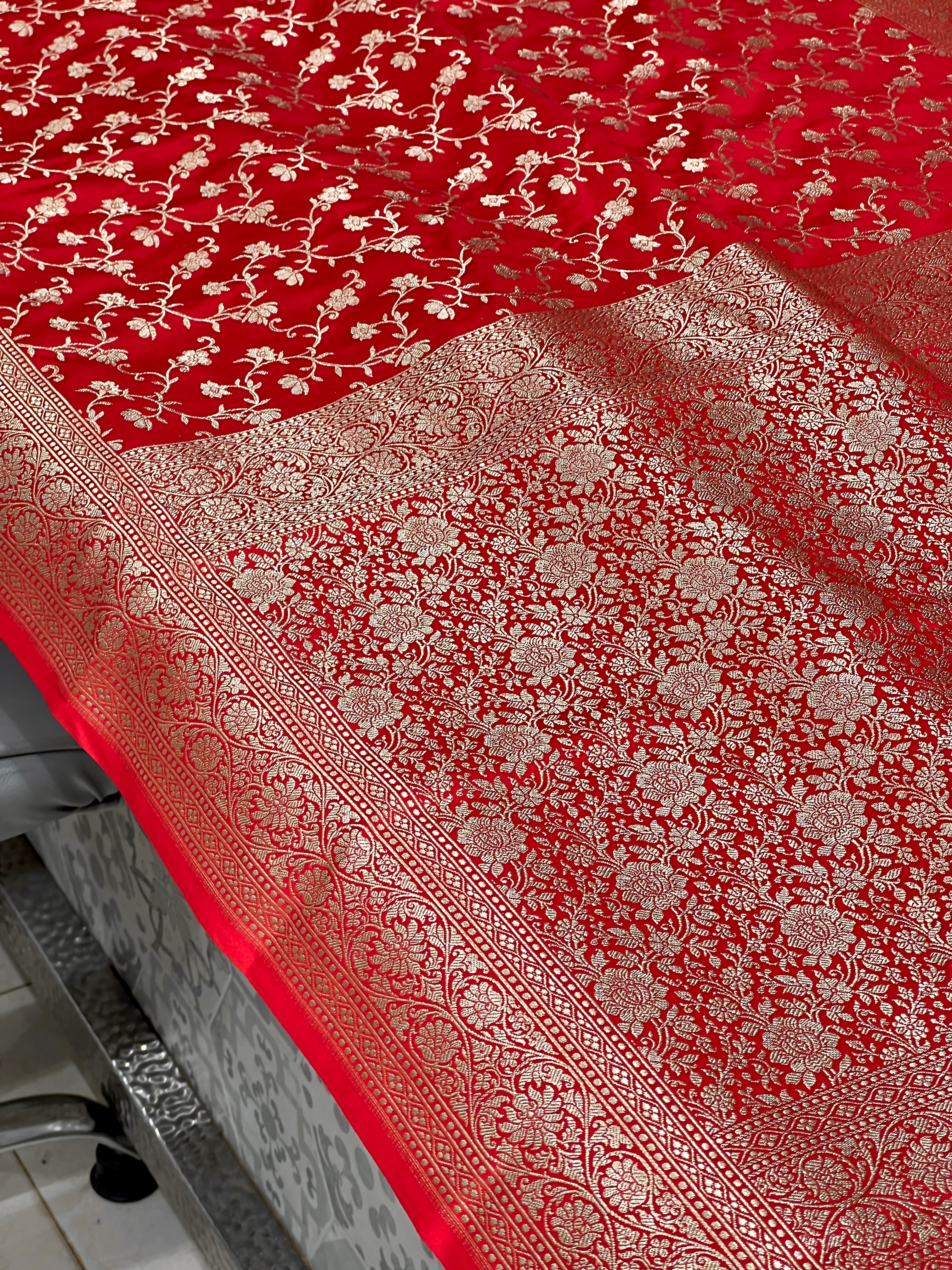 Red Banarasi Periwinkle Floral Saree