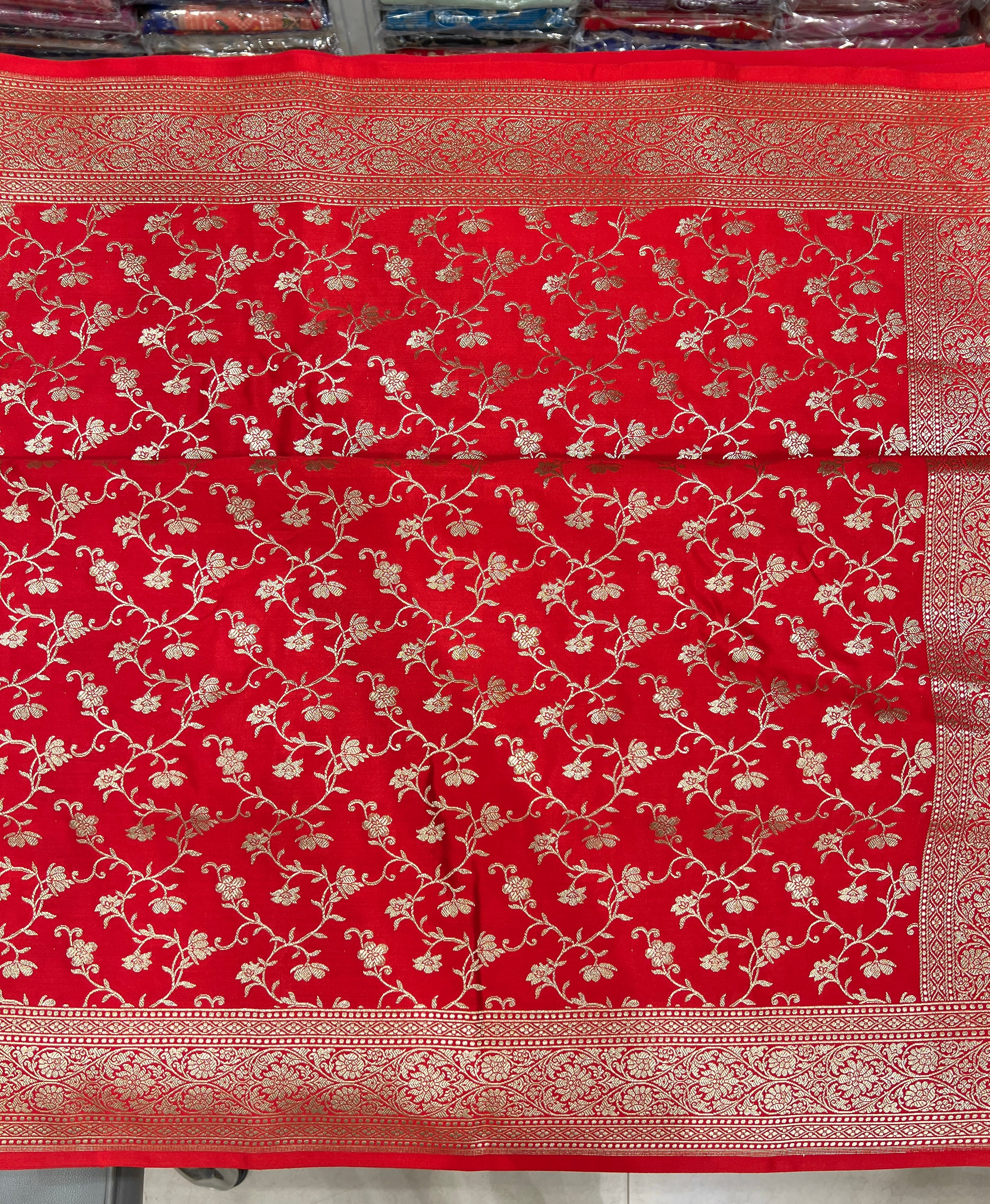Red Banarasi Periwinkle Floral Saree