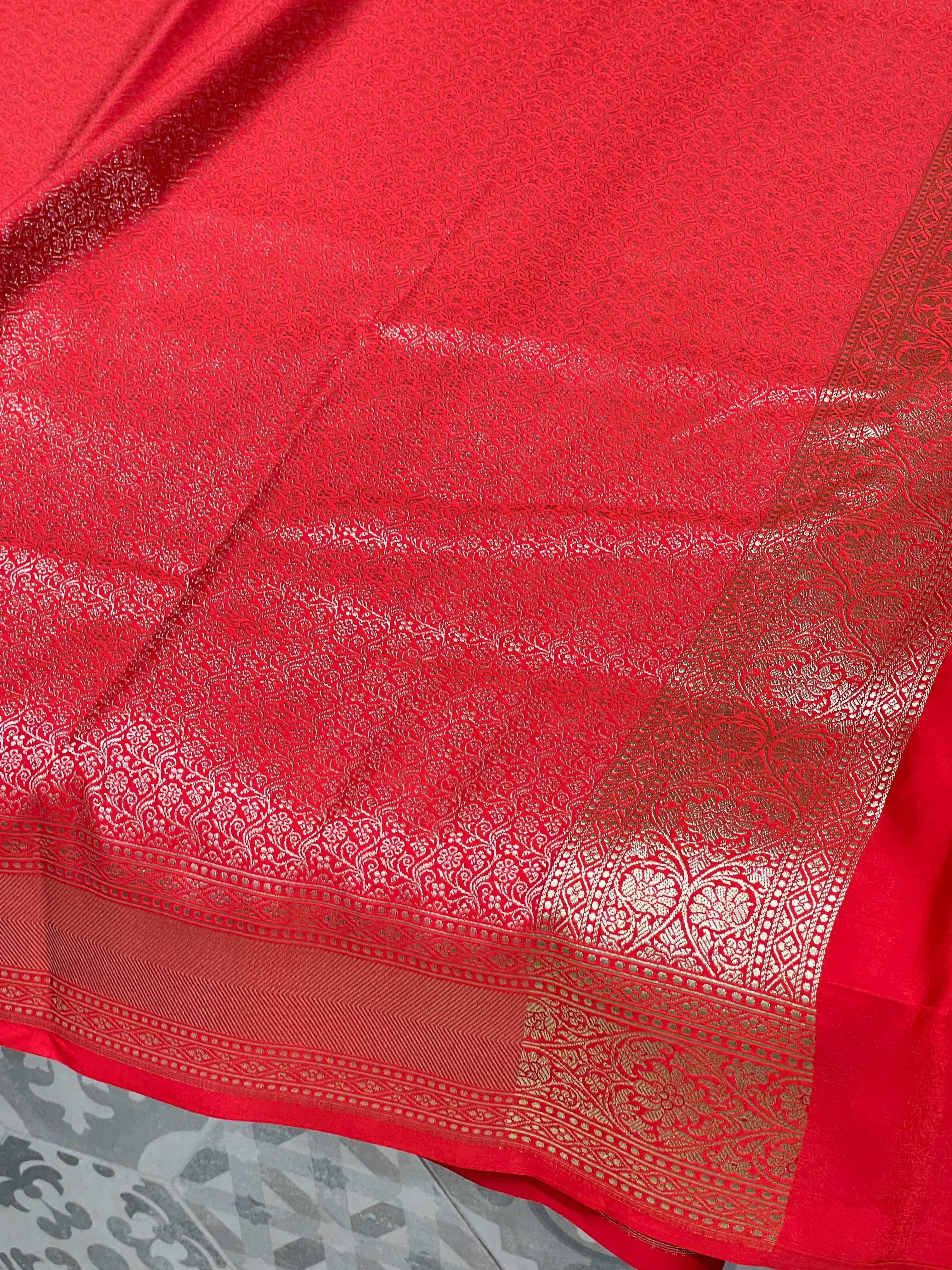 Red Banarasi Periwinkle Floral Saree