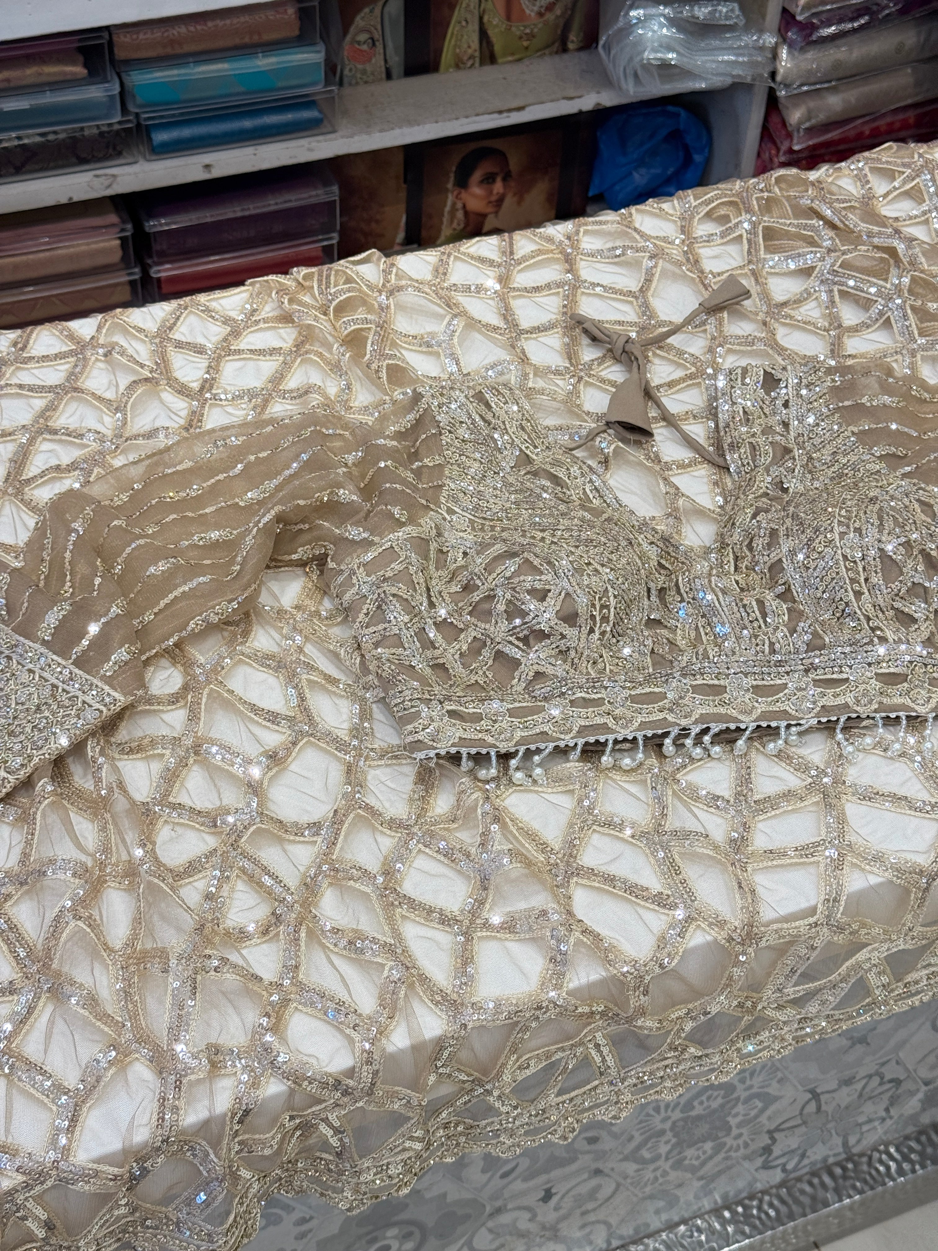 Golden Net Saree with Ready Blouse