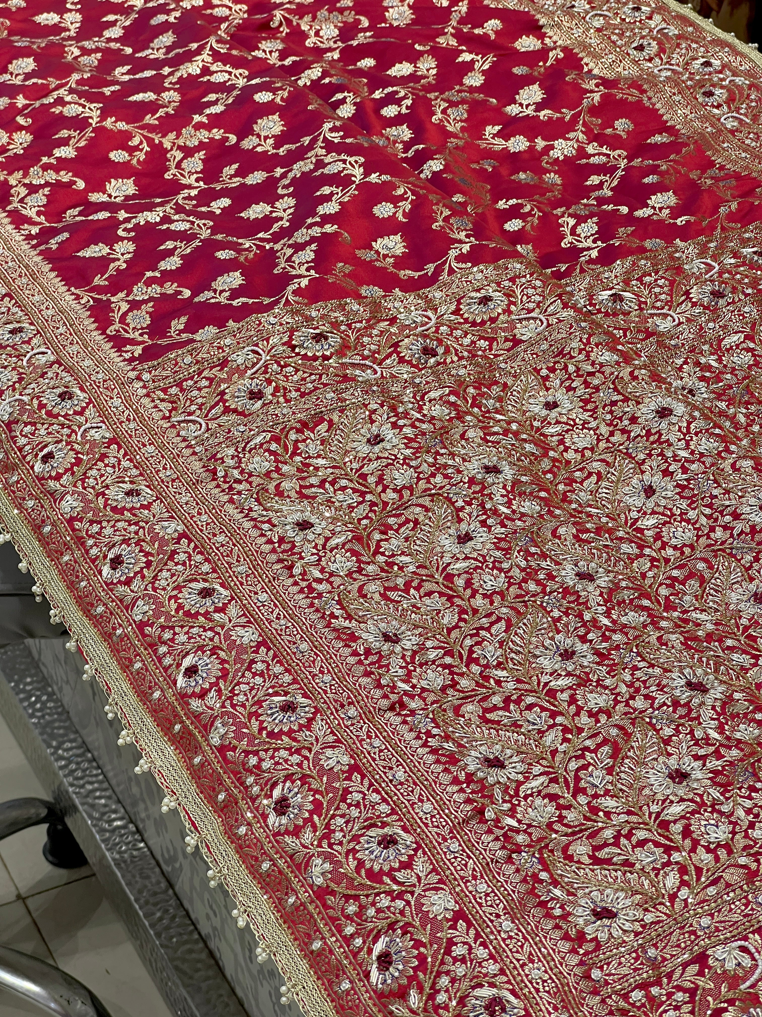 Maroon Banarasi Upside Down Border Hand Embroidery Saree