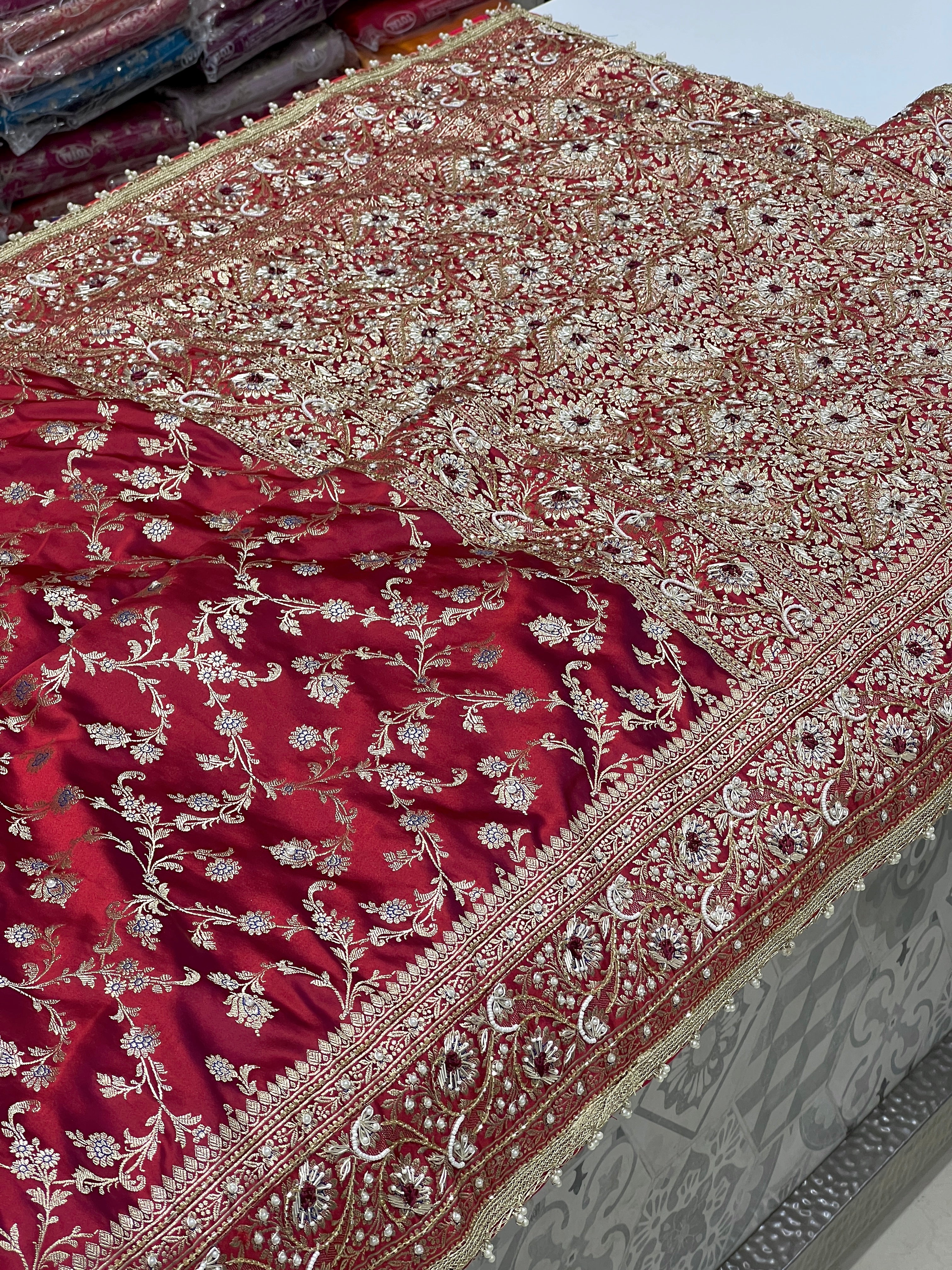 Maroon Banarasi Upside Down Border Hand Embroidery Saree