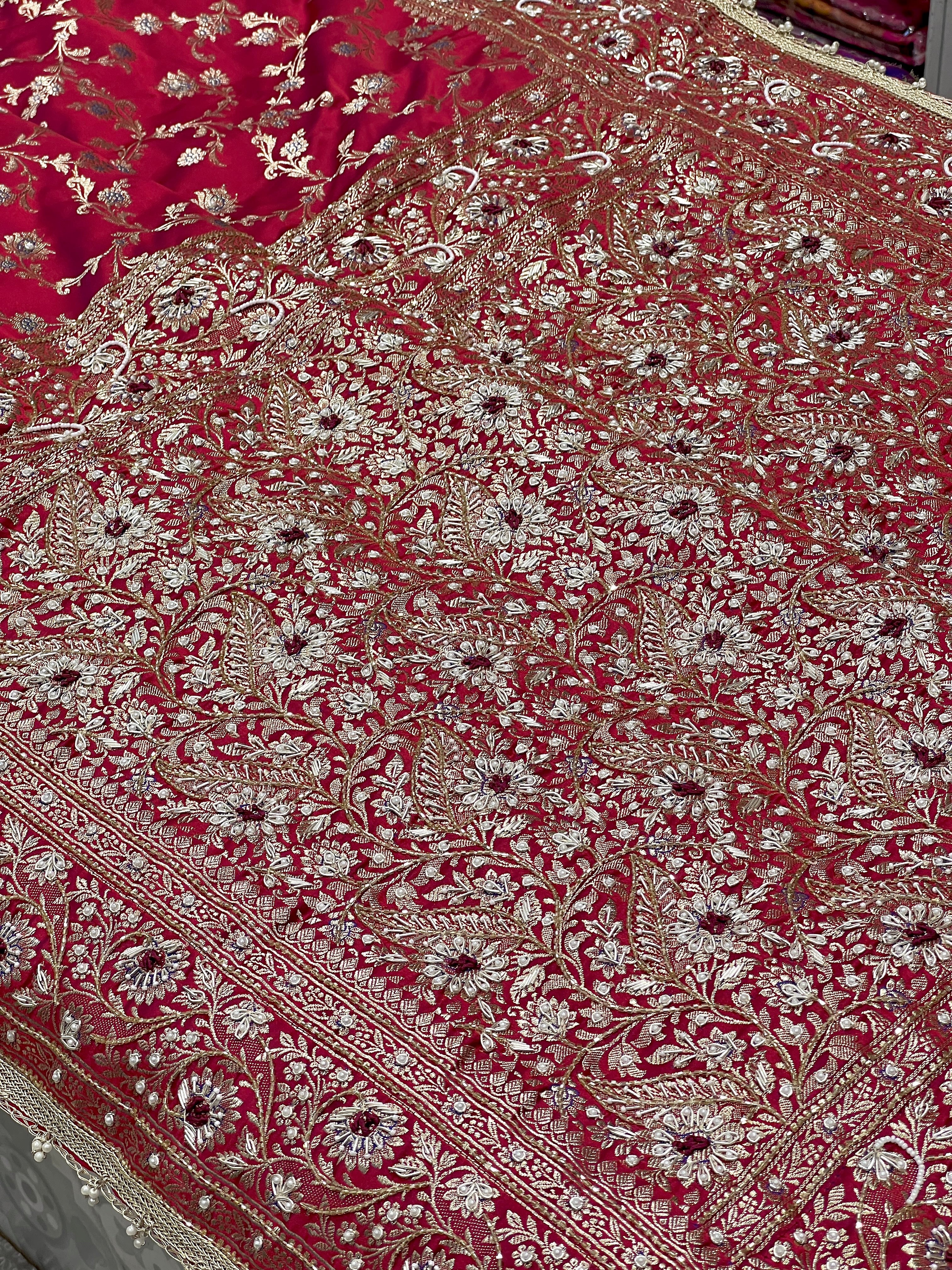 Maroon Banarasi Upside Down Border Hand Embroidery Saree
