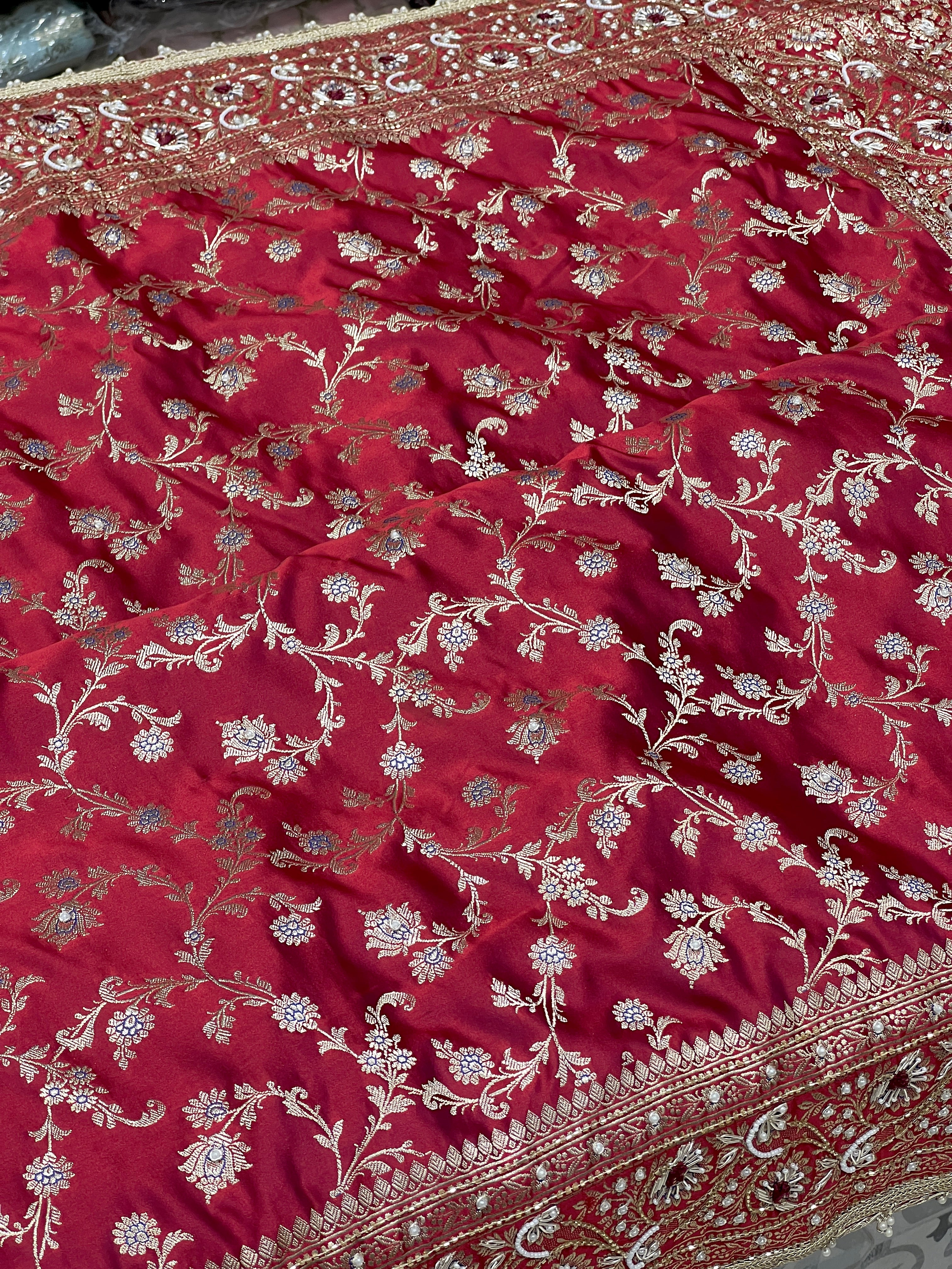 Maroon Banarasi Upside Down Border Hand Embroidery Saree